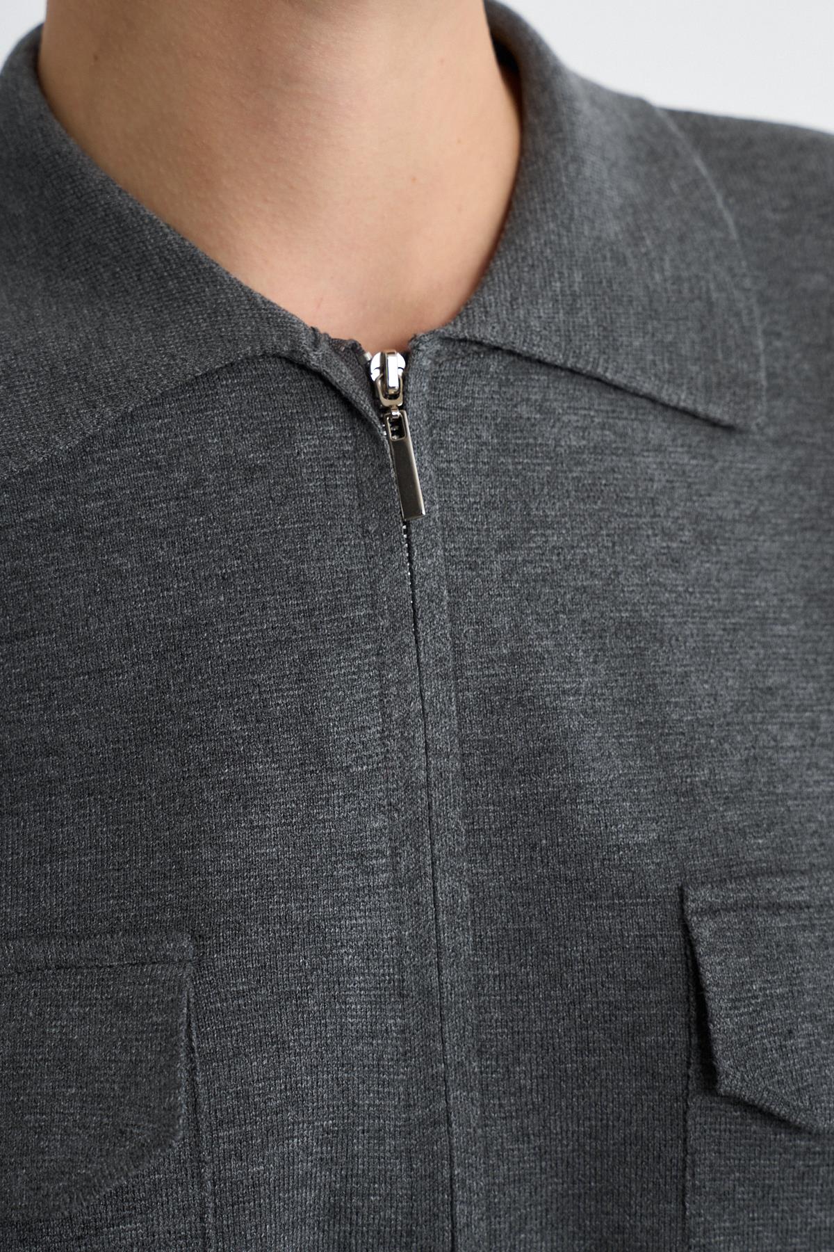 KAPAKLI CEP DETAYLI TRİKO CEKET ANTRASİT