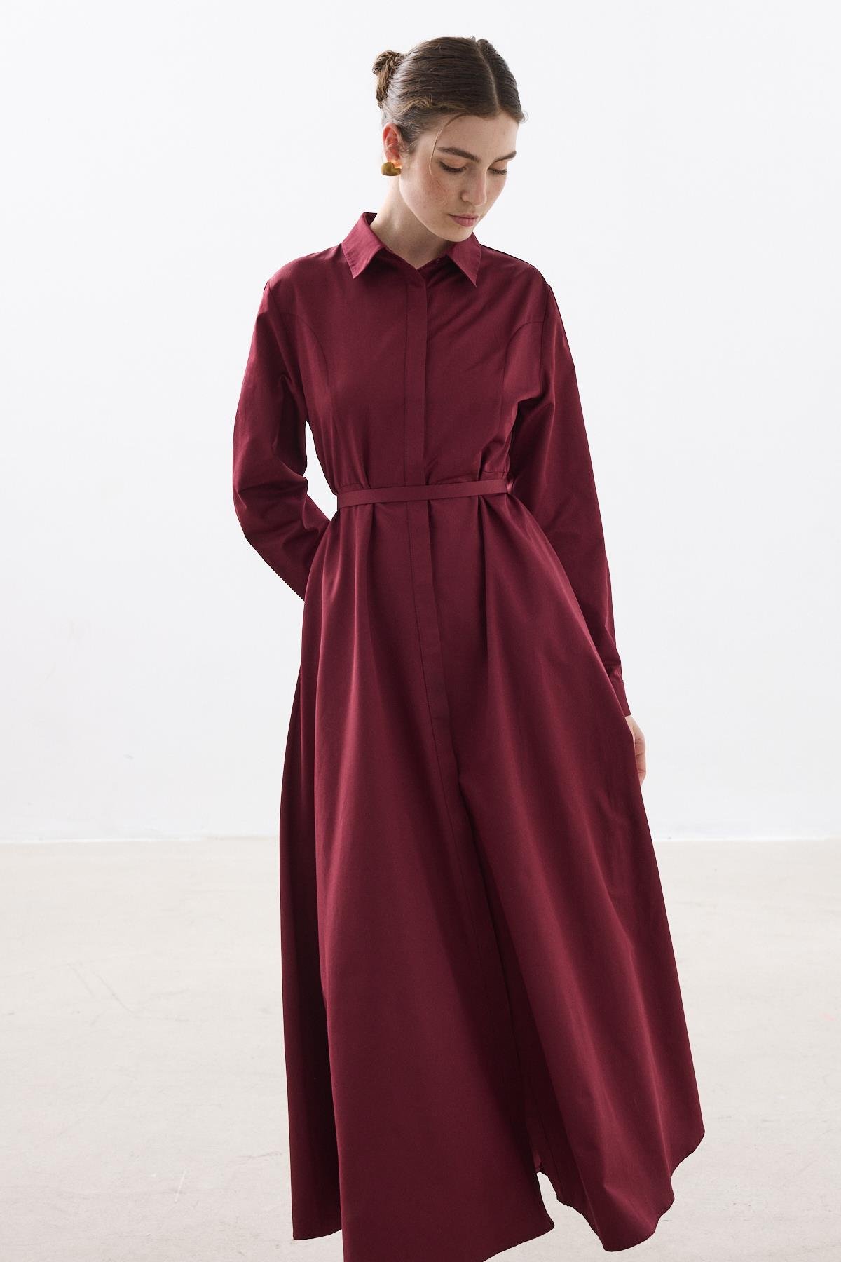 KEMERLİ POPLİN ELBİSE BORDO