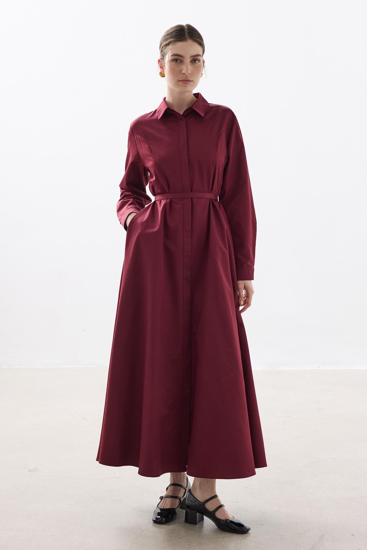 KEMERLİ POPLİN ELBİSE BORDO