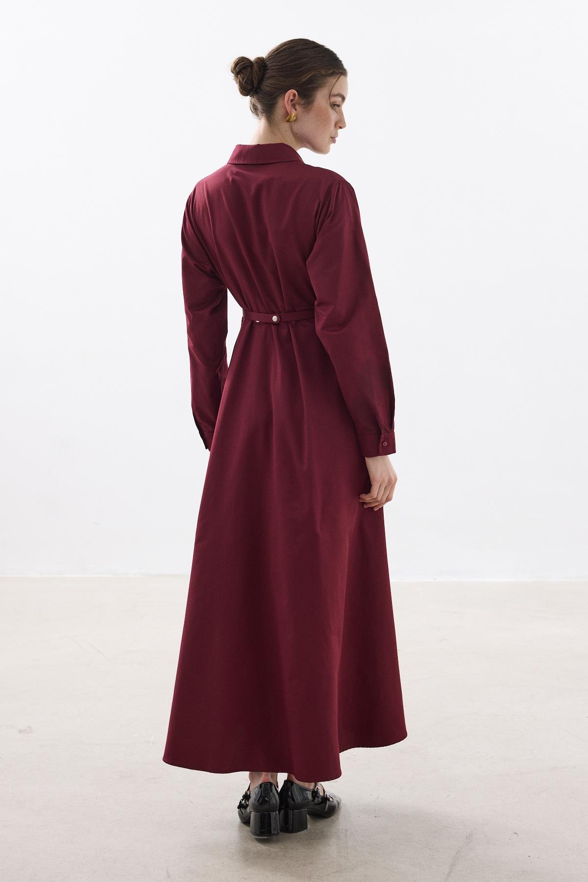KEMERLİ POPLİN ELBİSE BORDO
