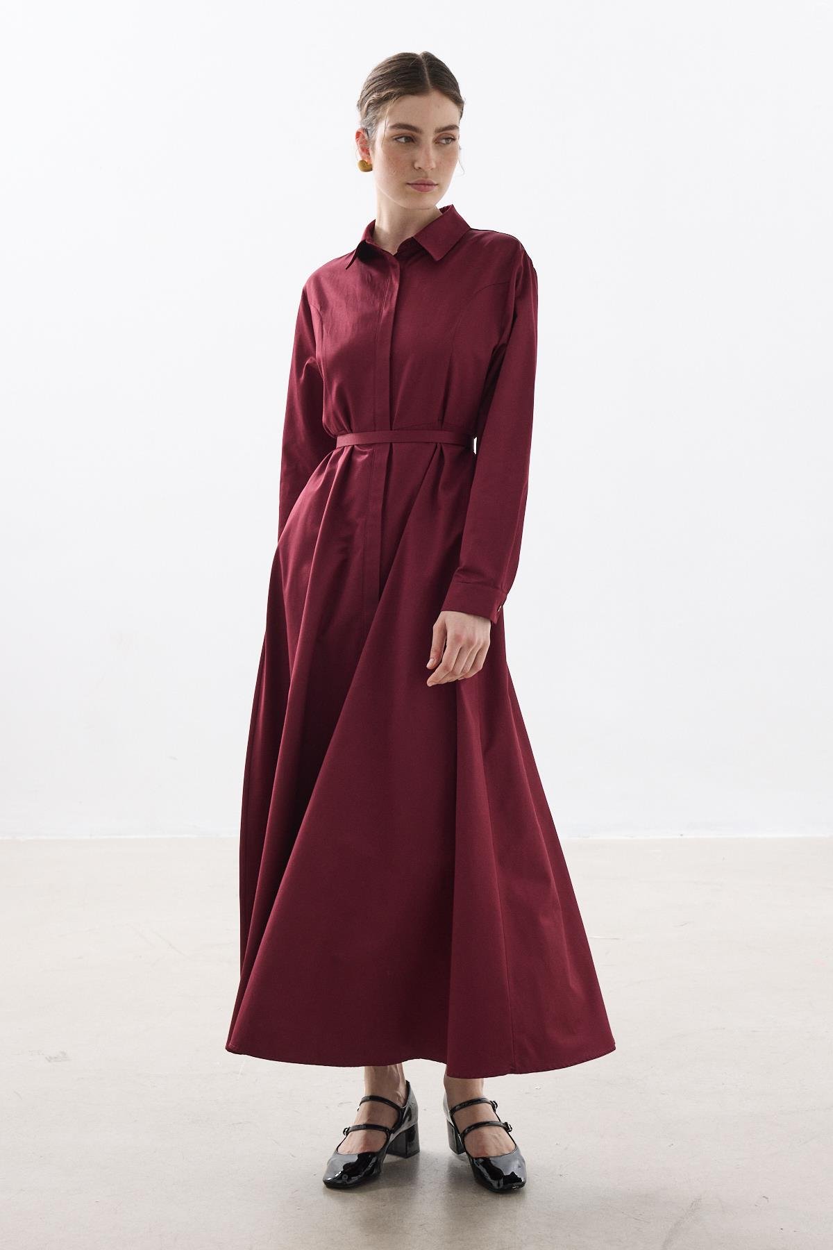 KEMERLİ POPLİN ELBİSE BORDO