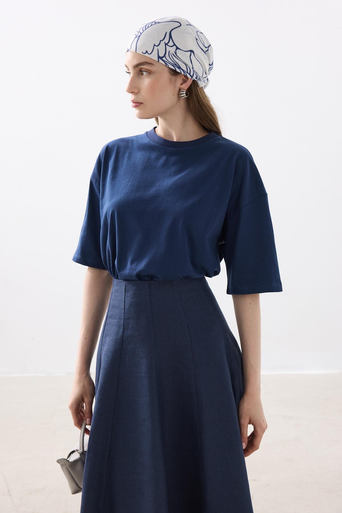OVERSIZE PAMUKLU T-SHIRT LACİVERT