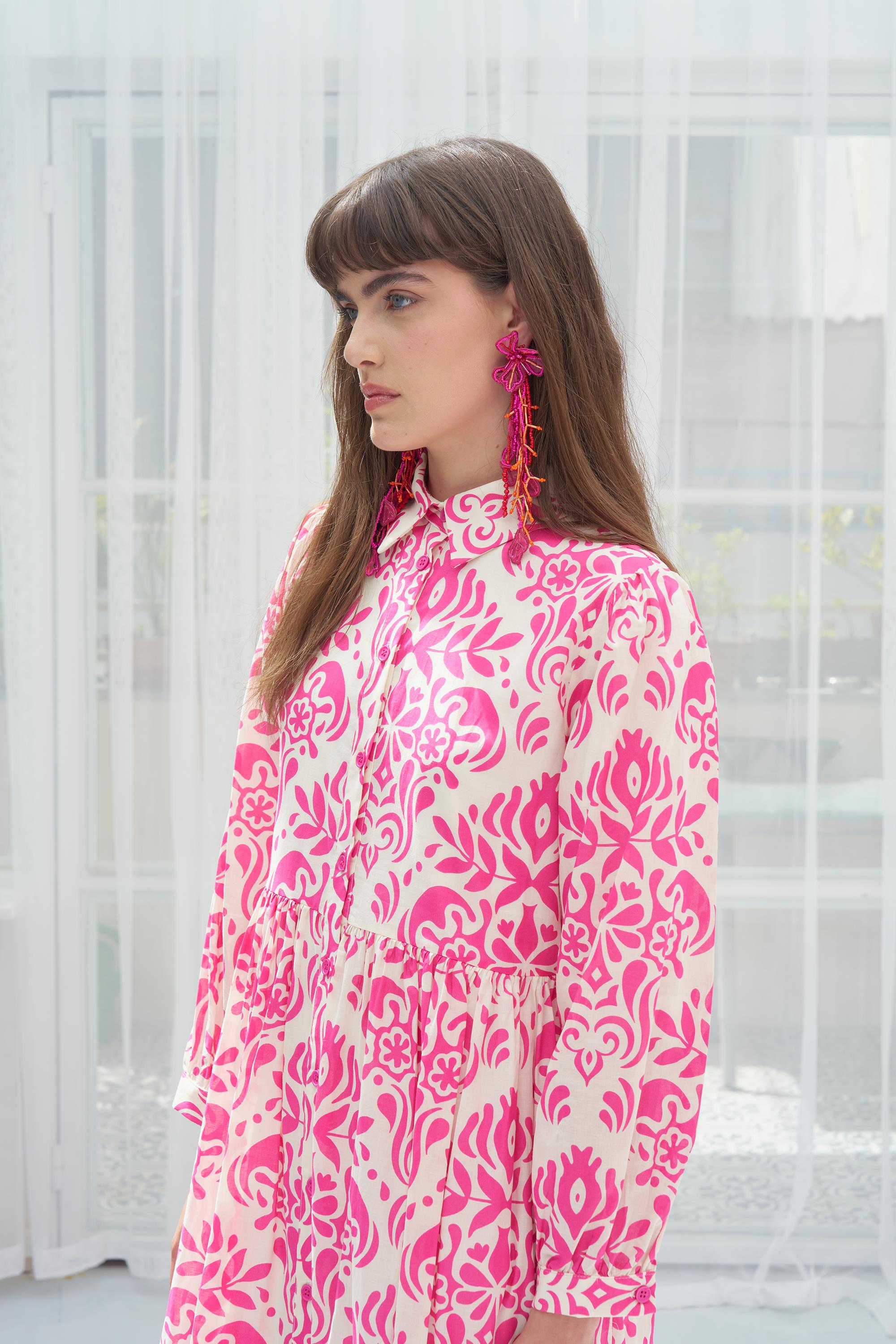 PAMUK VUAL DESENLİ ELBİSE PEMBE