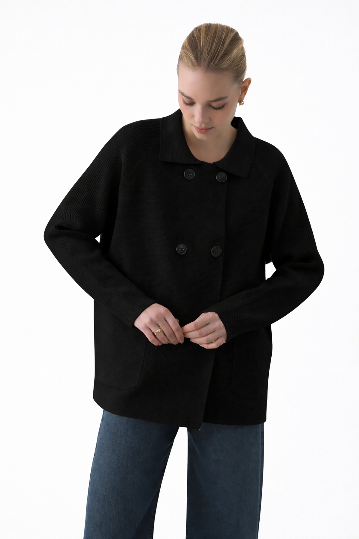 REGLAN KOLLU ÇELİK ÖRME CEKET SİYAH