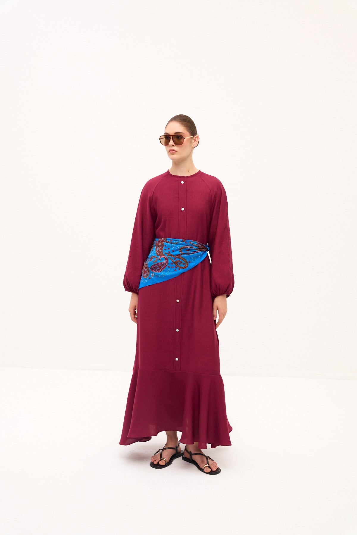 RIVIERA VOLANLI KETEN ELBİSE BORDO