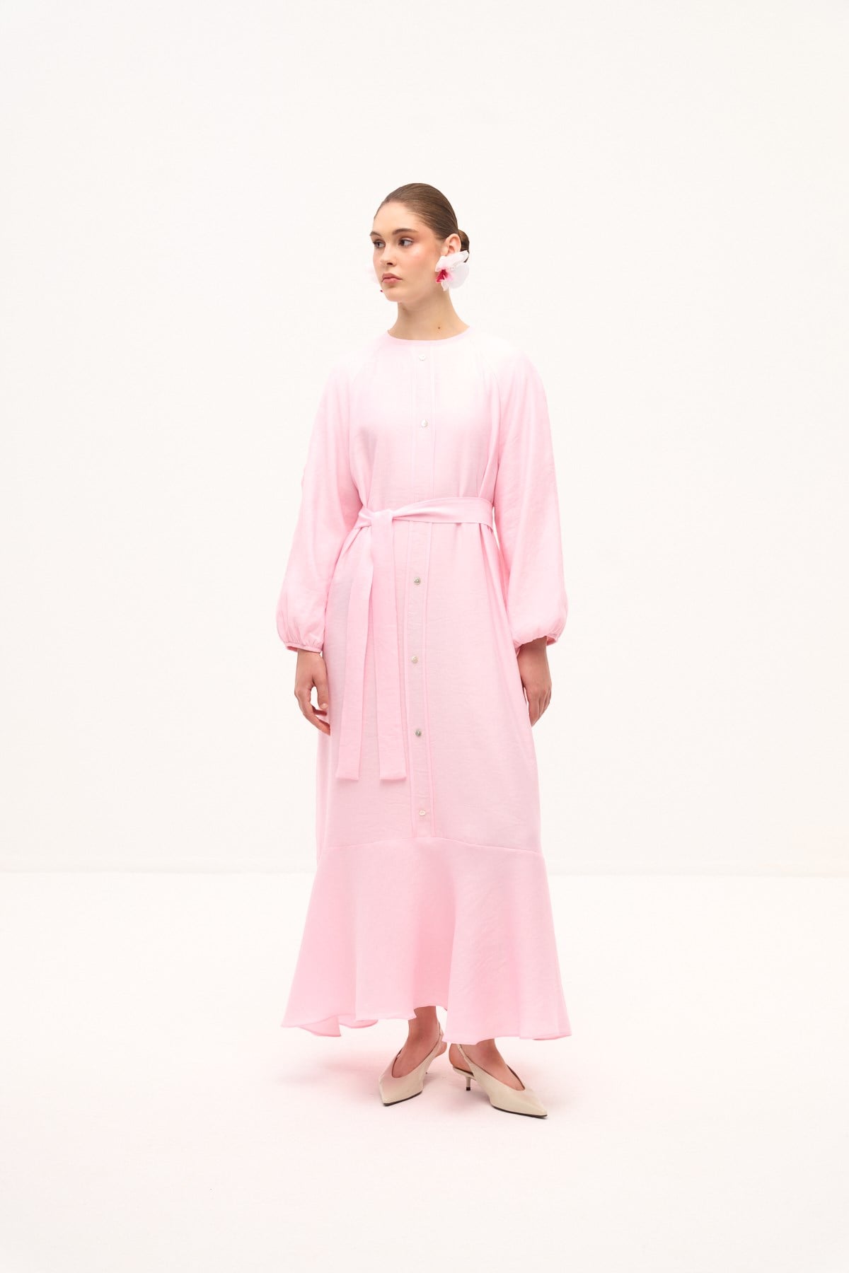 RIVIERA VOLANLI KETEN ELBİSE PEMBE