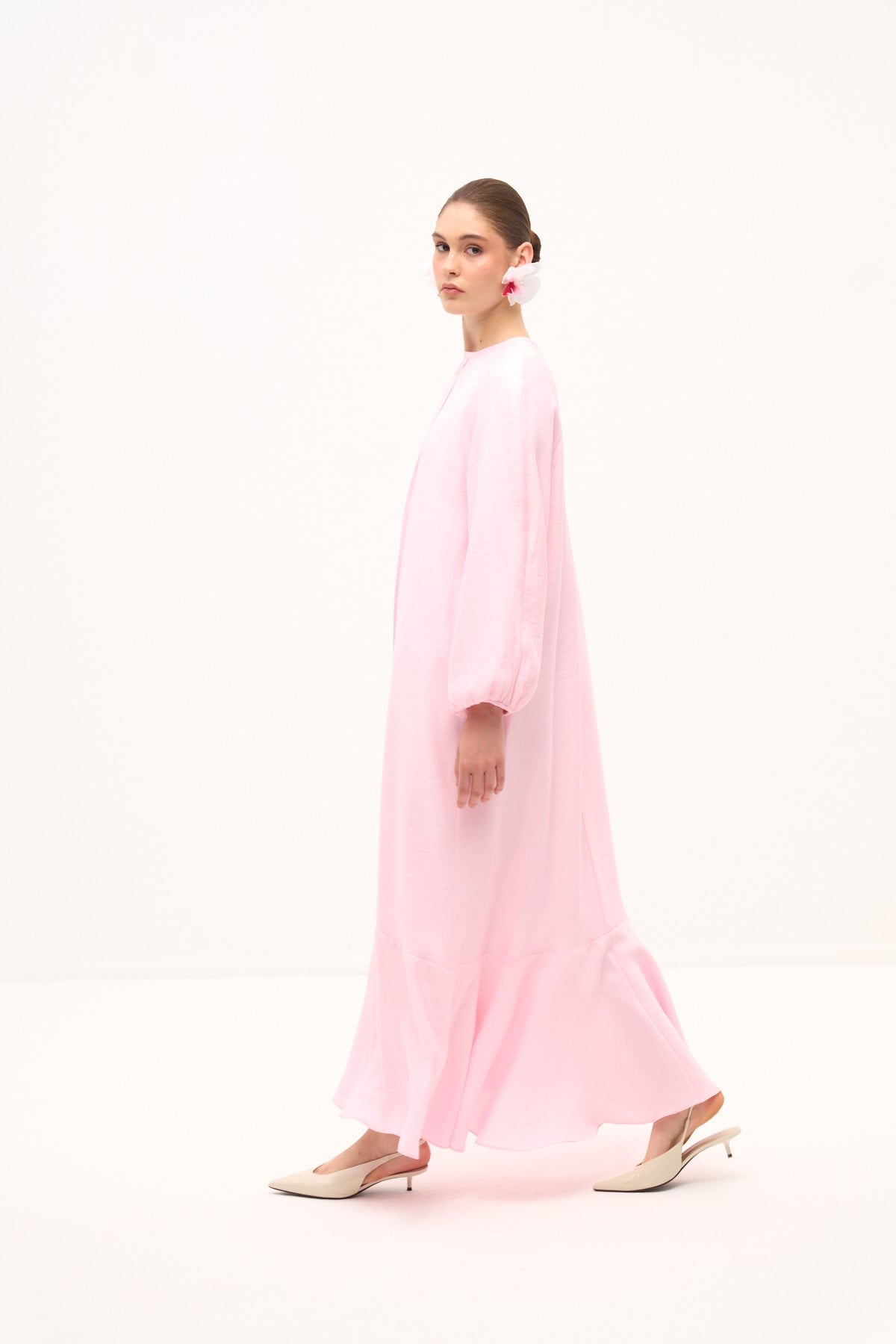RIVIERA VOLANLI KETEN ELBİSE PEMBE