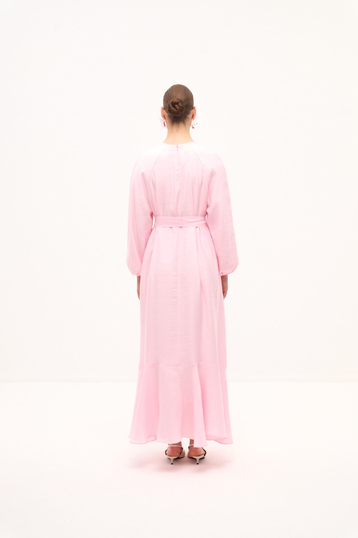 RIVIERA VOLANLI KETEN ELBİSE PEMBE