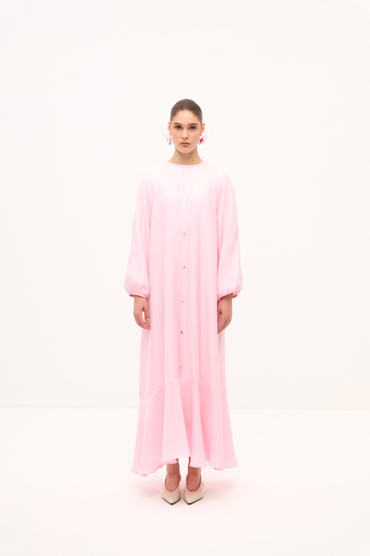 RIVIERA VOLANLI KETEN ELBİSE PEMBE