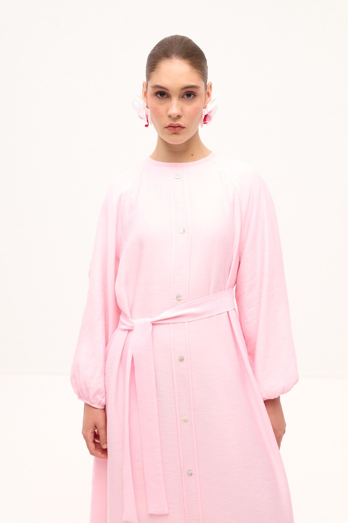 RIVIERA VOLANLI KETEN ELBİSE PEMBE