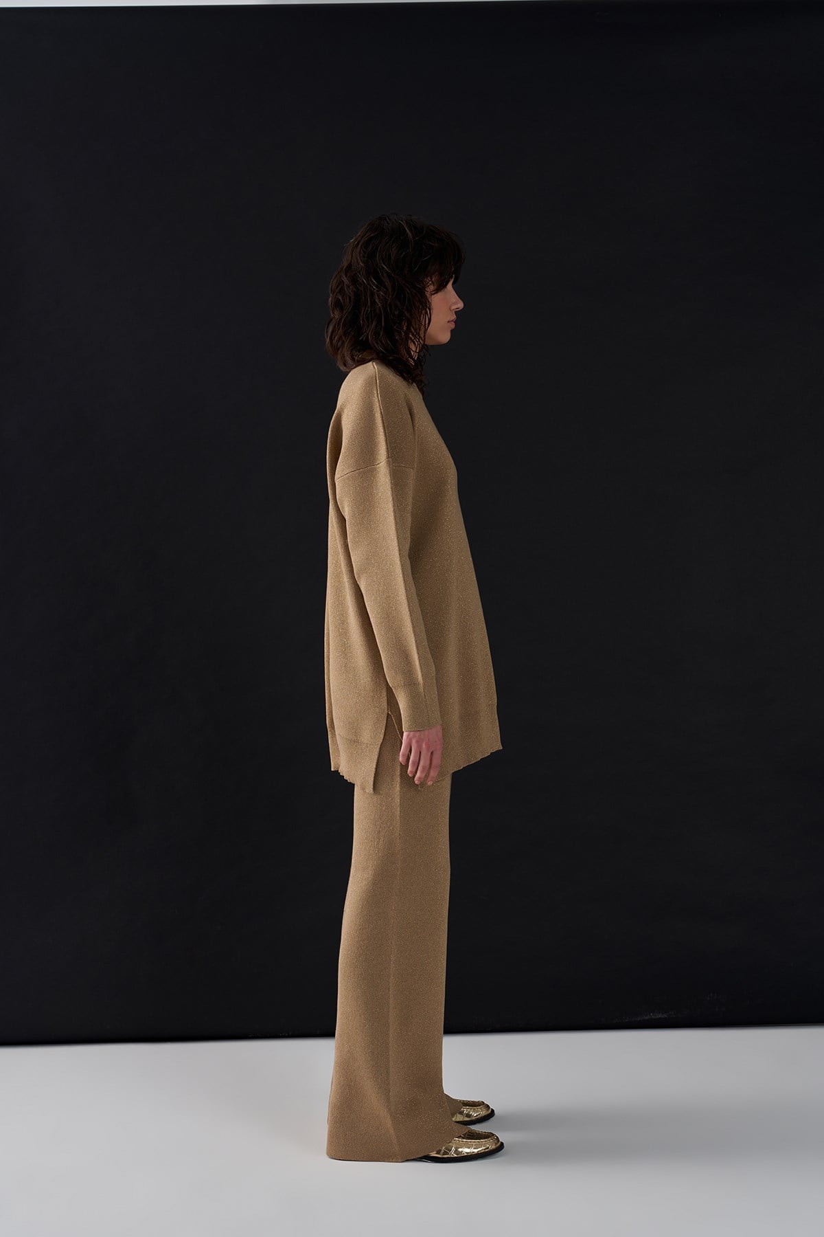 Simli Triko Pantolon Gold