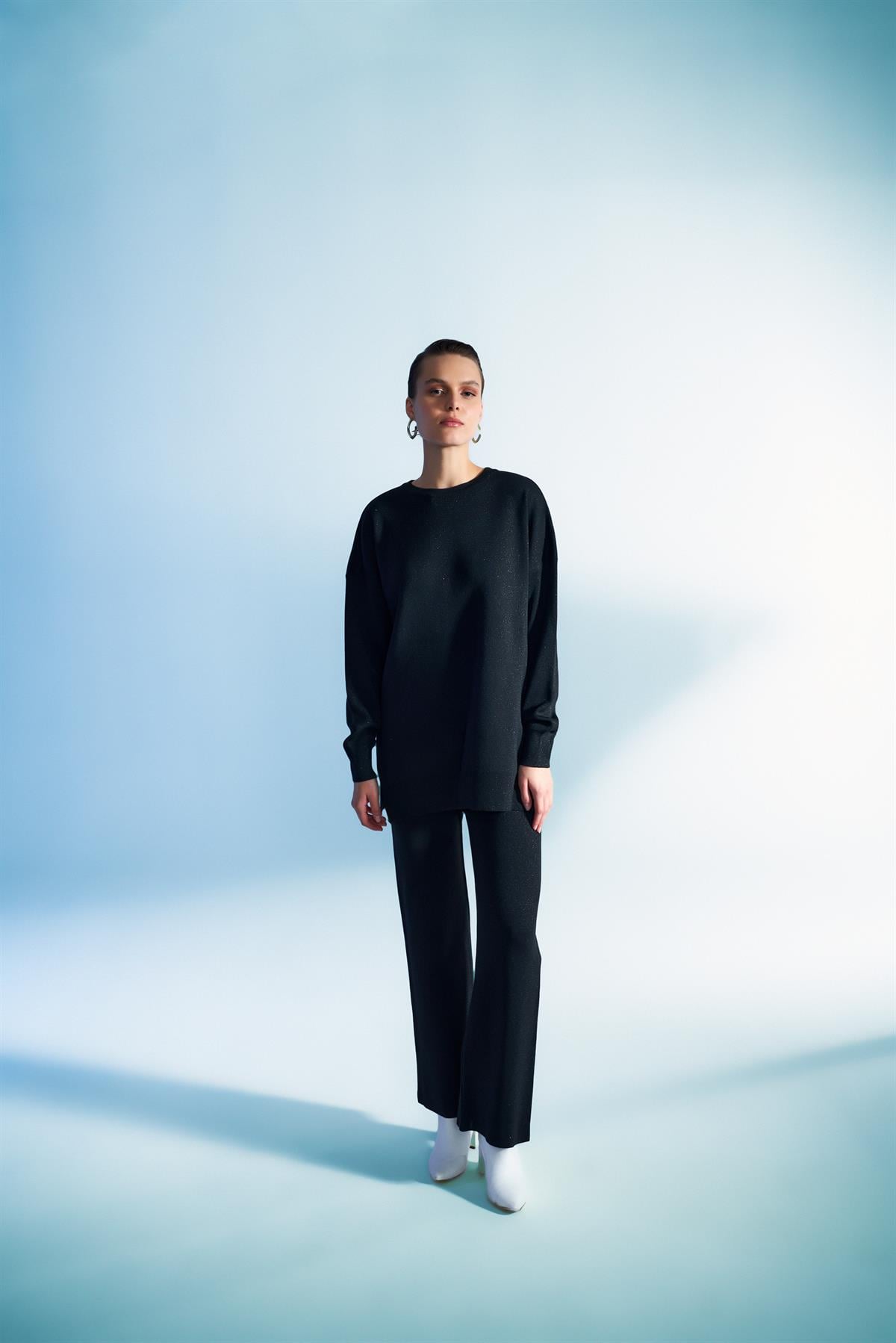 Simli Triko Sweat Siyah