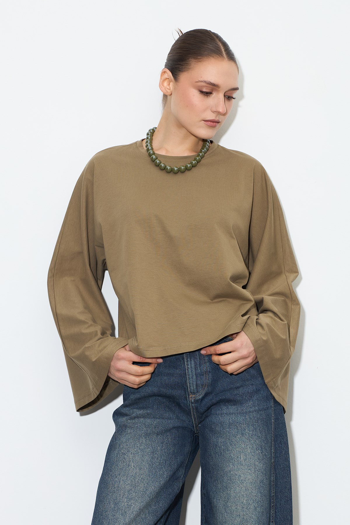 Yarasa Kol Oversize Bluz Haki