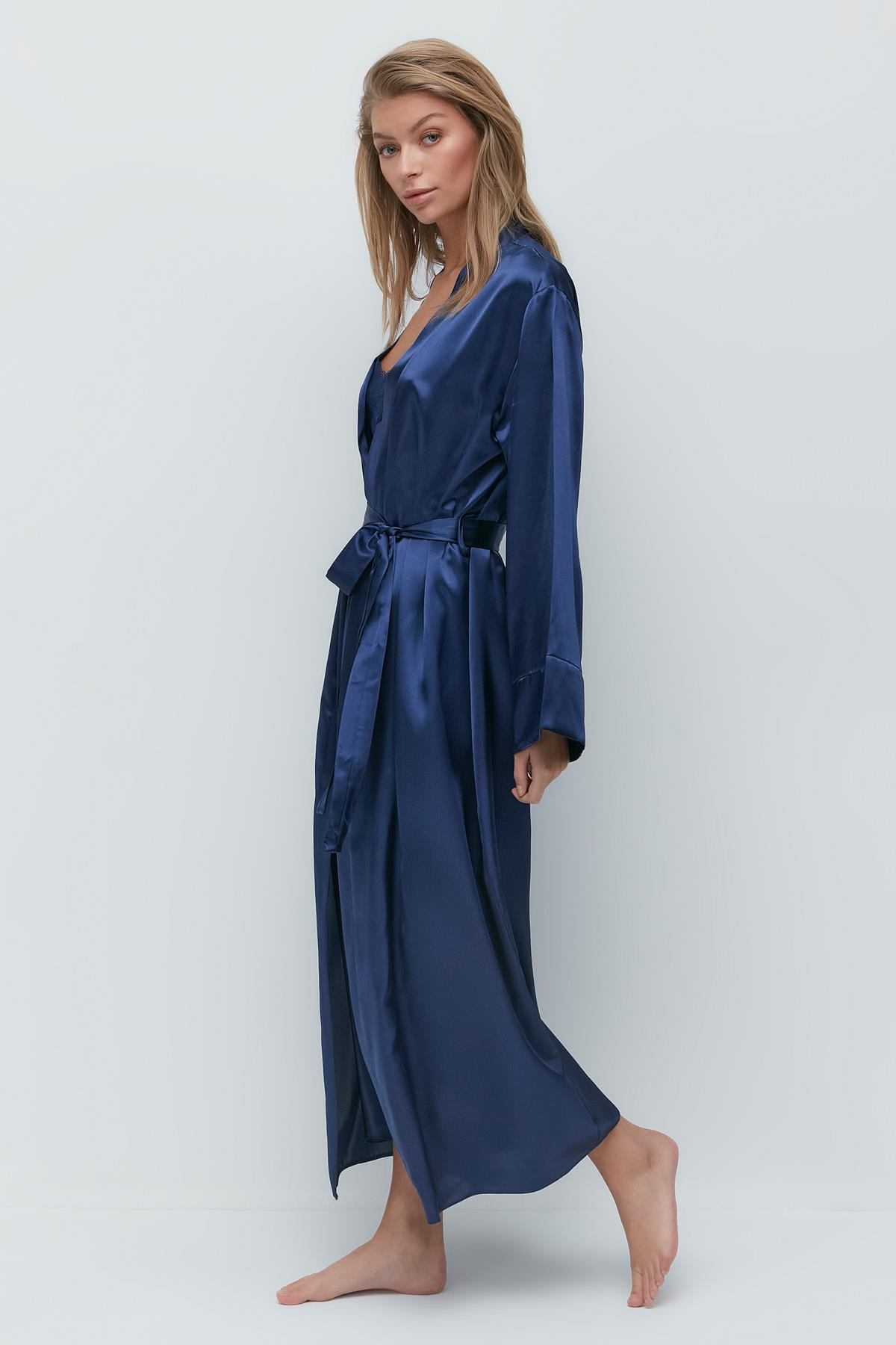 093 Uzun Kol Saten Sabahlık Lacivert