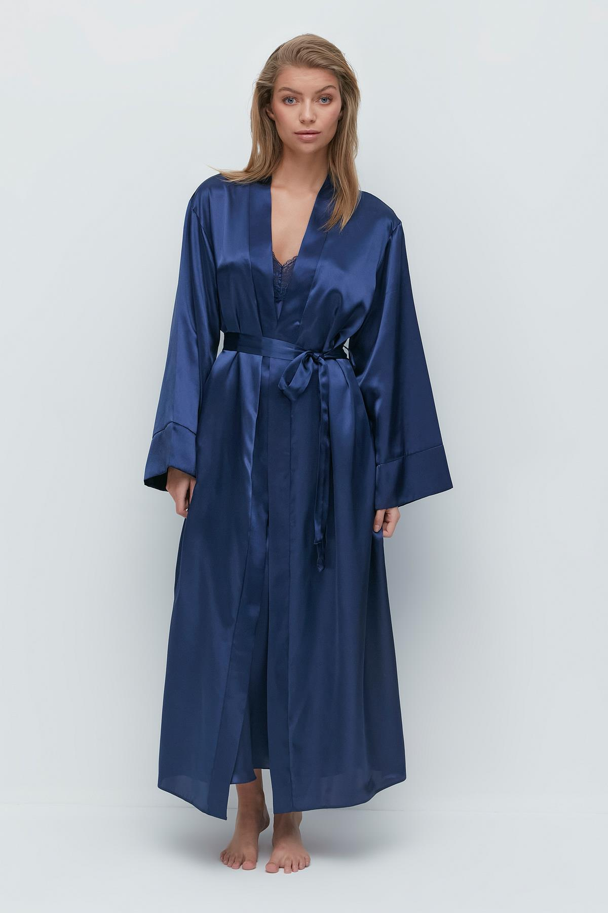 093 Uzun Kol Saten Sabahlık Lacivert