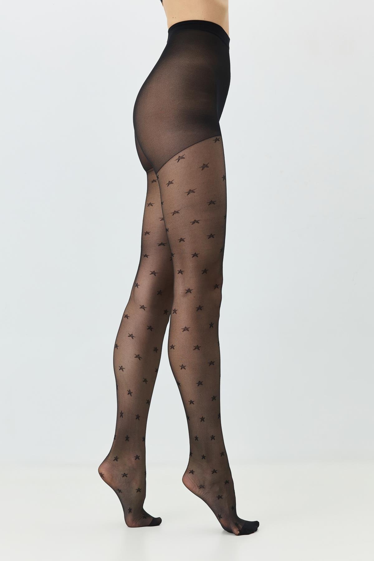 2'li Paket Yıldız Desenli Büyük Beden Külotlu Çorap Siyah