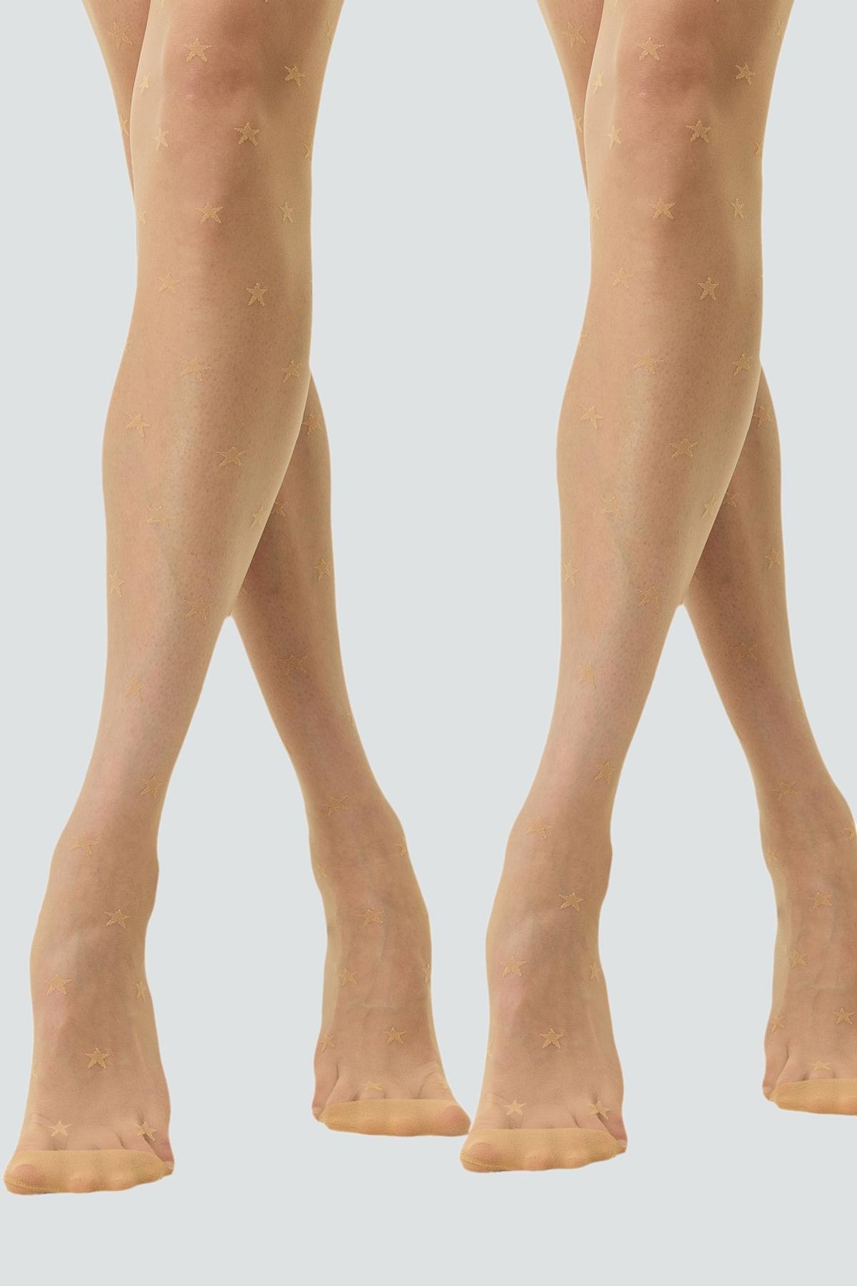 2'li Paket Yıldız Desenli Büyük Beden Külotlu Çorap Ten