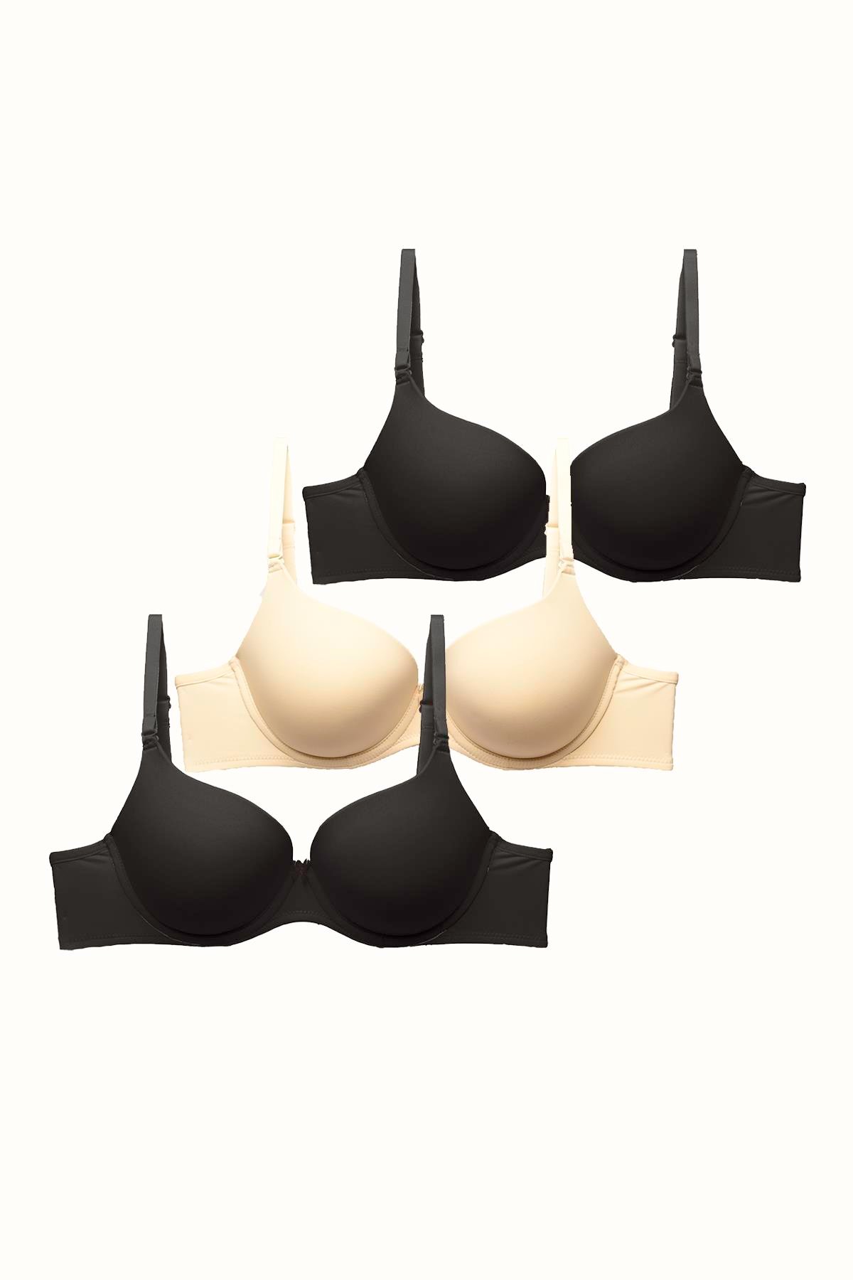 3'lü Paket Dolgusuz Yumuşak Kaplı Örme Sütyen C37010 Siyah/Ten