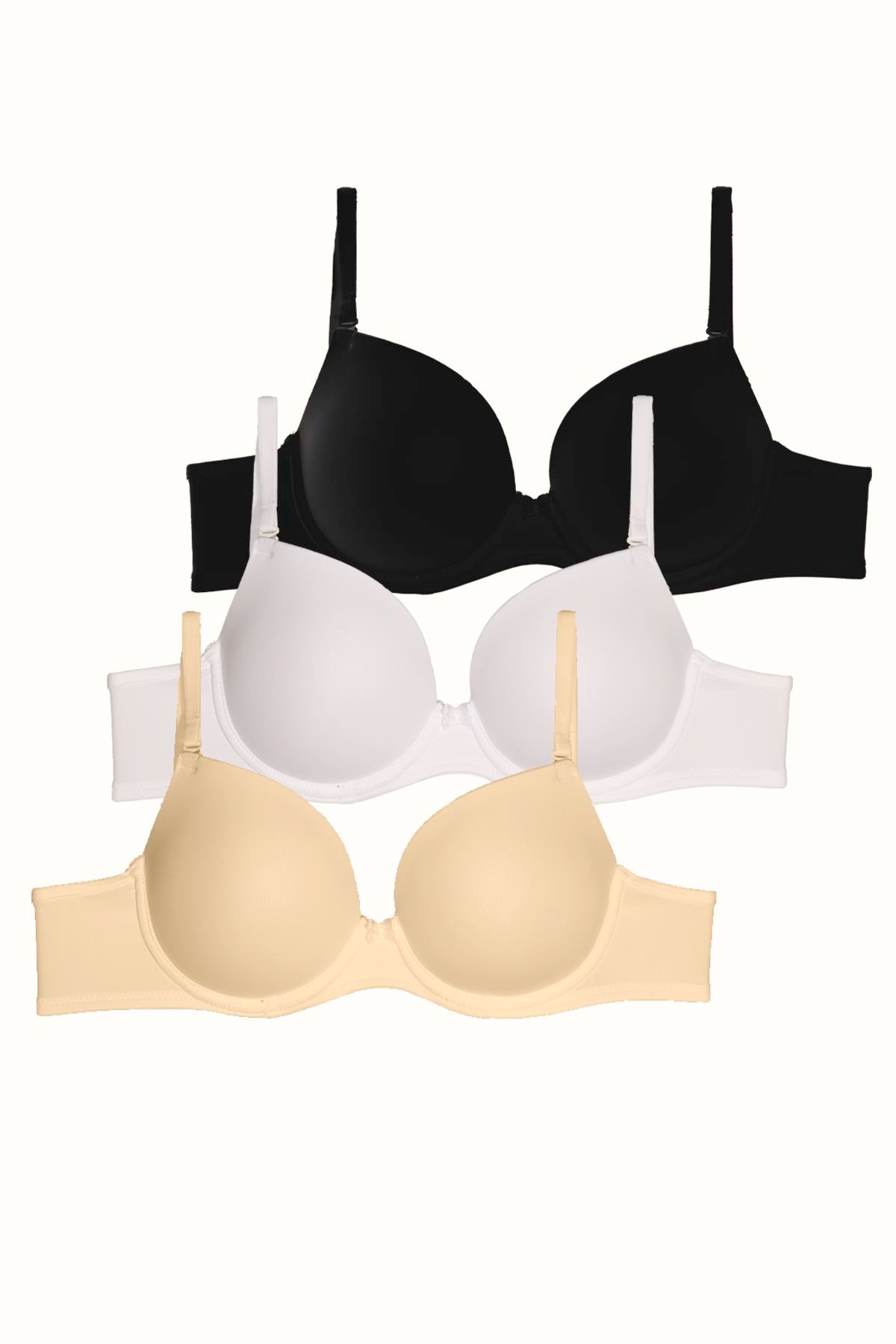3'lü Paket Dolgusuz Yumuşak Kaplı Örme Sütyen C37025 Siyah/Beyaz/Ten