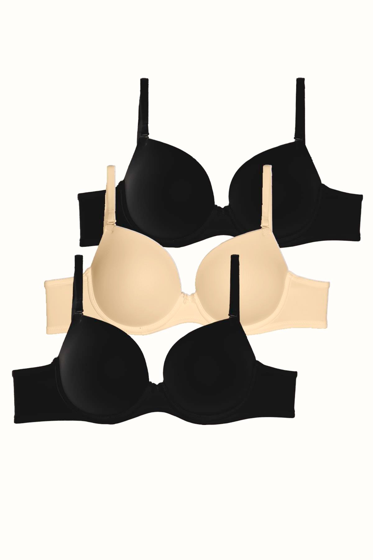 3'lü Paket Dolgusuz Yumuşak Kaplı Örme Sütyen C37025 Siyah/Ten