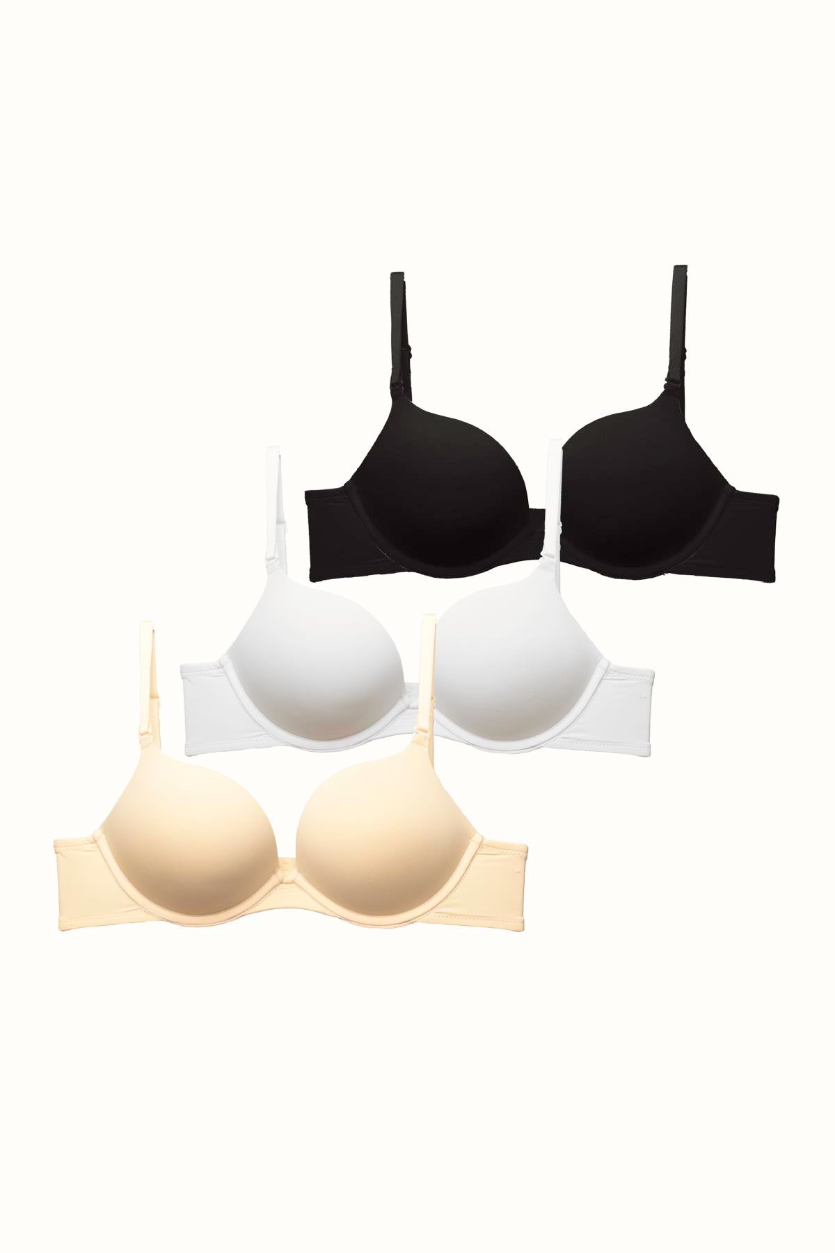 3'lü Paket Double Push Up Yumuşak Kaplı Örme Sütyen C37030 Siyah/Beyaz/Ten
