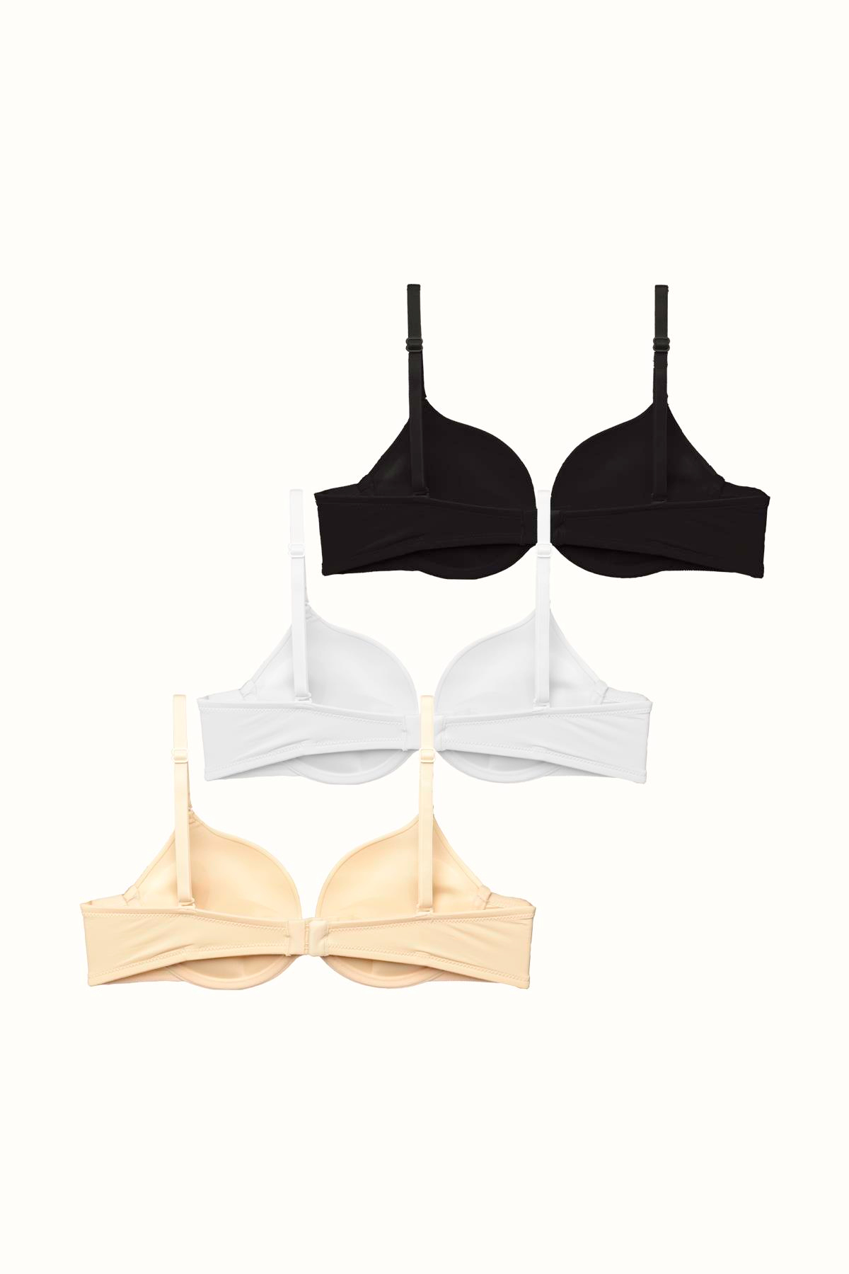 3'lü Paket Double Push Up Yumuşak Kaplı Örme Sütyen C37035 Siyah/Beyaz/Ten