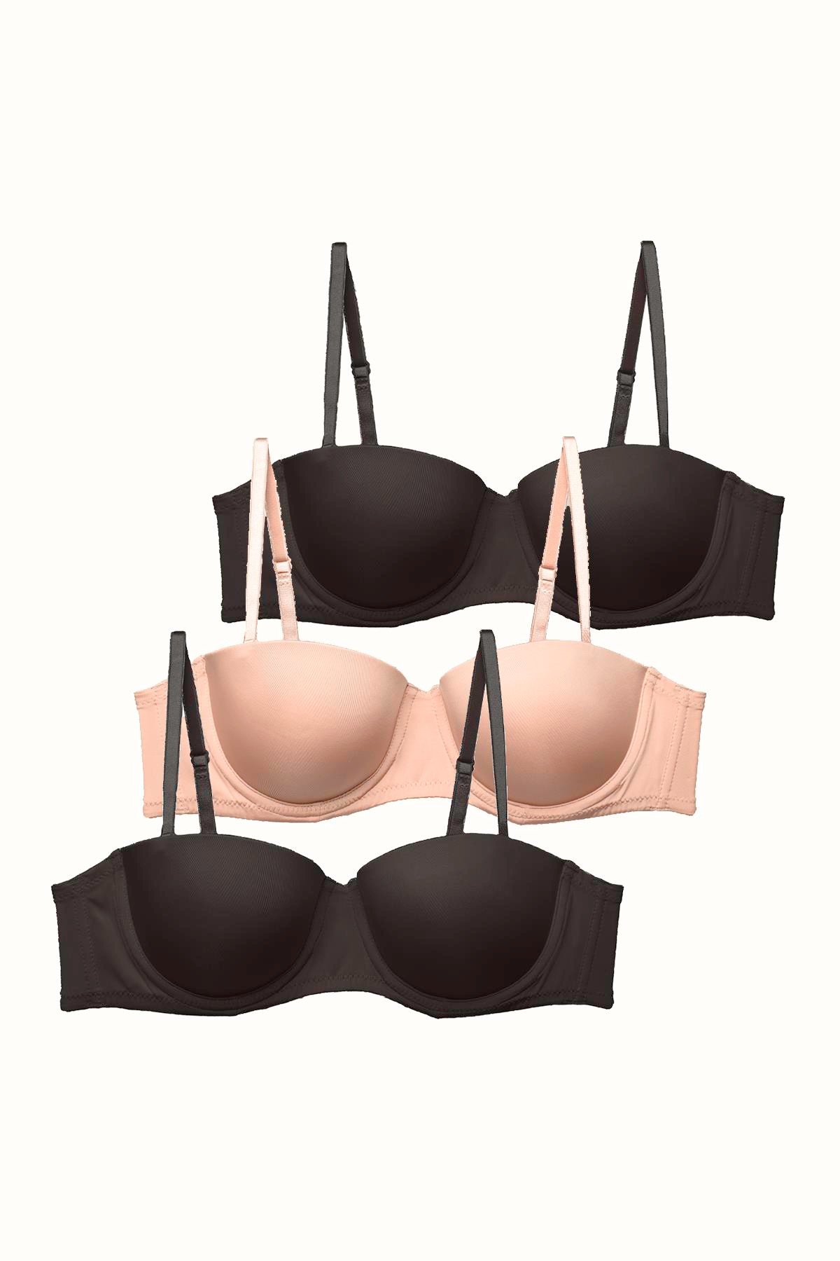 3'lü Paket Push Up Straplez Yumuşak Kaplı Örme Sütyen C38025 Siyah/Ten