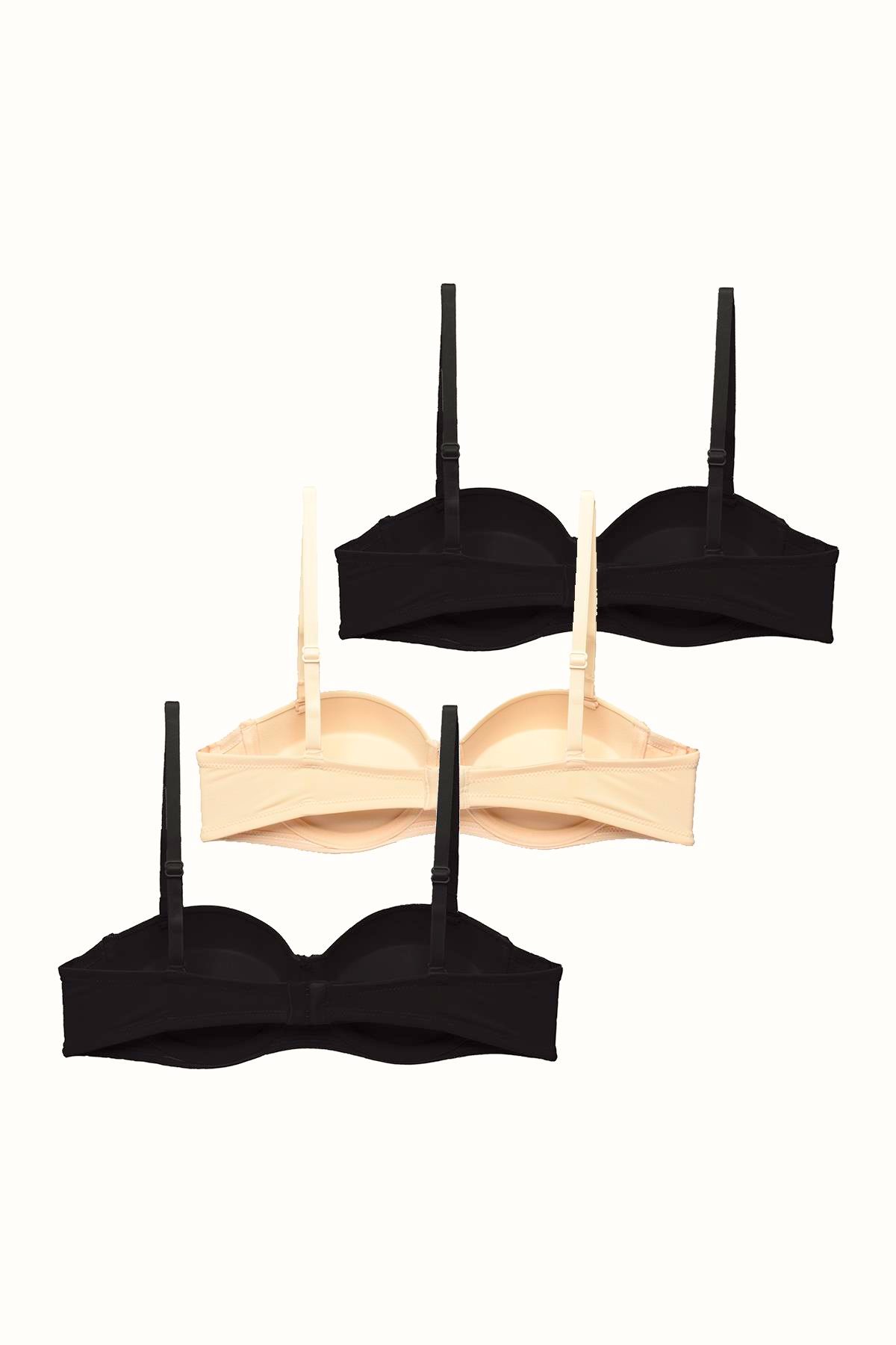 3'lü Paket Push Up Straplez Yumuşak Kaplı Örme Sütyen C37055 Siyah/Ten