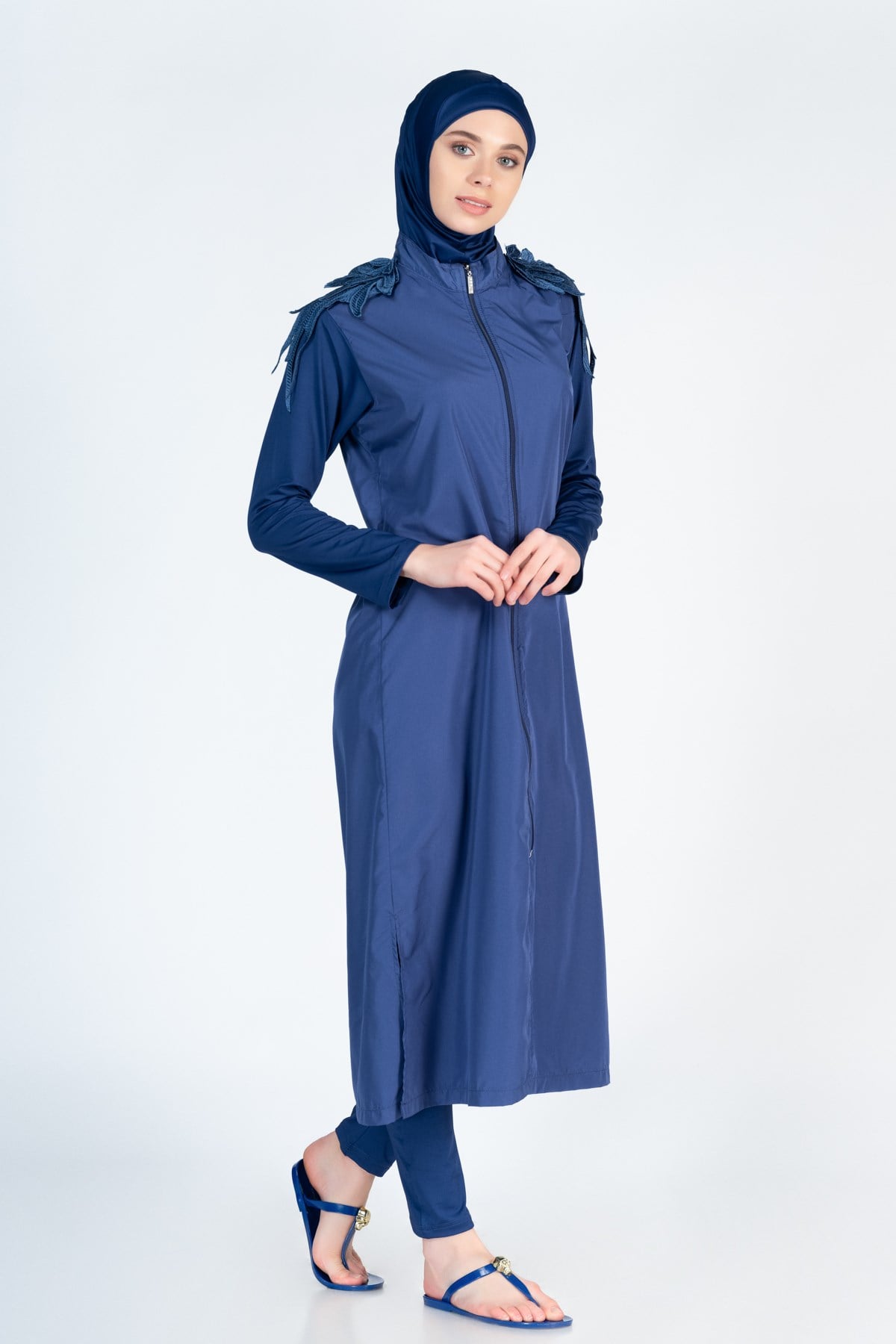 Alfasa 307 Uzun Kol Taytlı Omuz Detaylı Tam Kapalı Tesettür Mayo İndigo