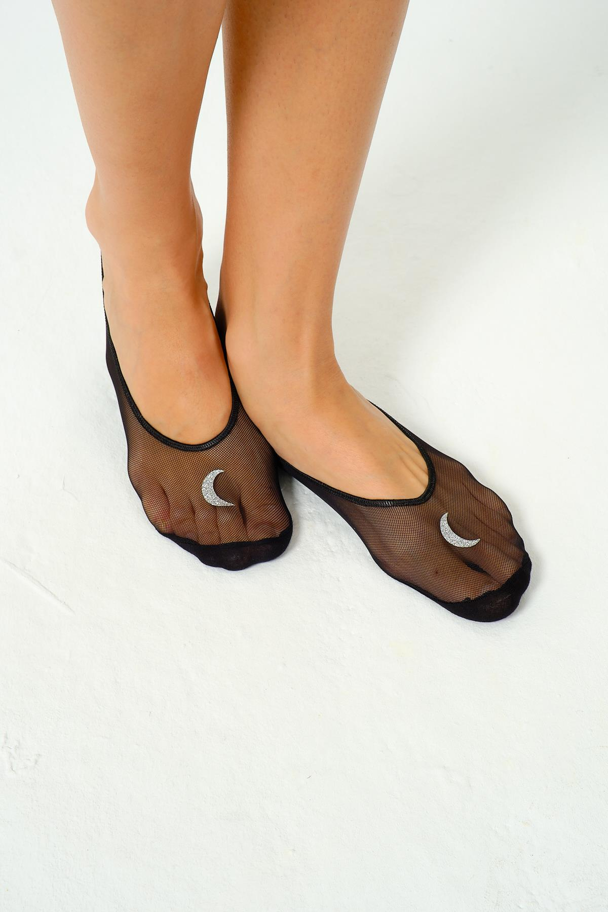 Ay Flok Baskılı Lazer Tül Suba Siyah