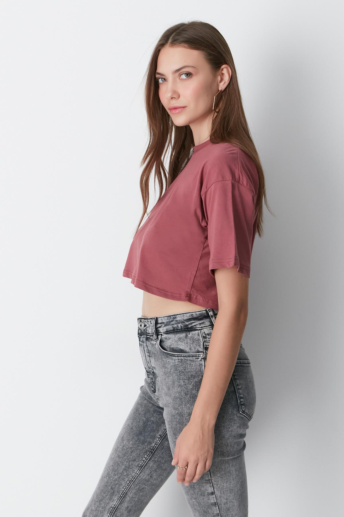 Bisiklet Yaka 2'li Crop T-Shirt 959 Çağla/Gül Kurusu