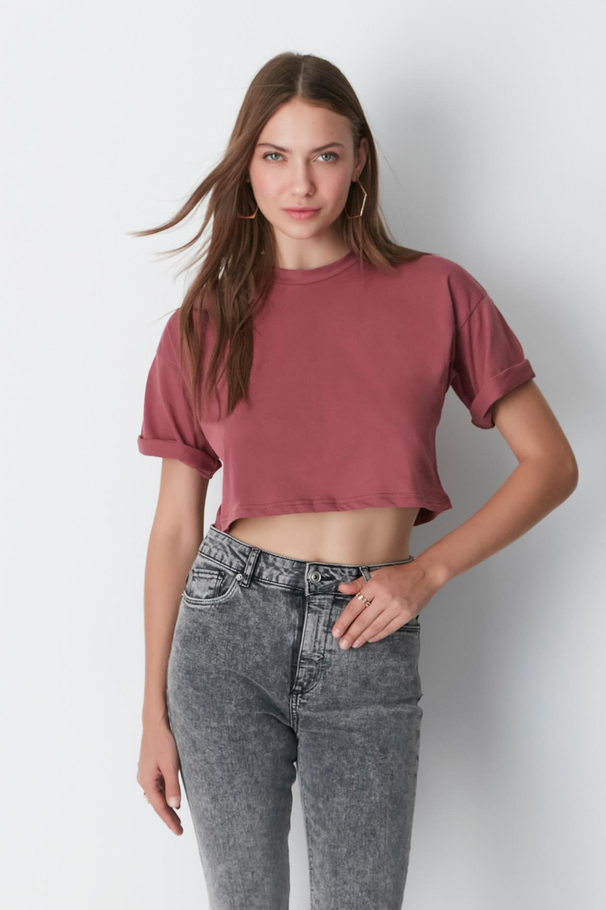 Bisiklet Yaka 2'li Crop T-Shirt 959 Çağla/Gül Kurusu