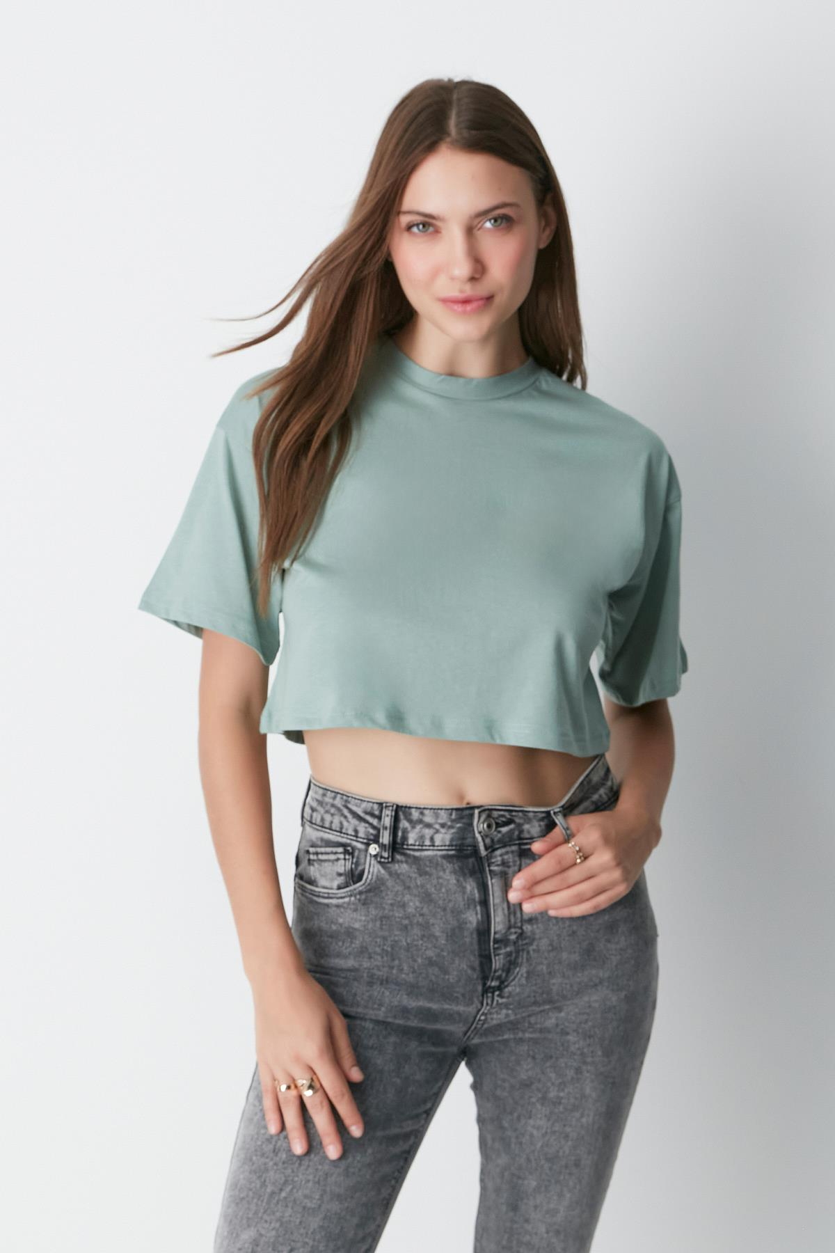 Bisiklet Yaka 2'li Crop T-Shirt 959 Çağla/Gül Kurusu