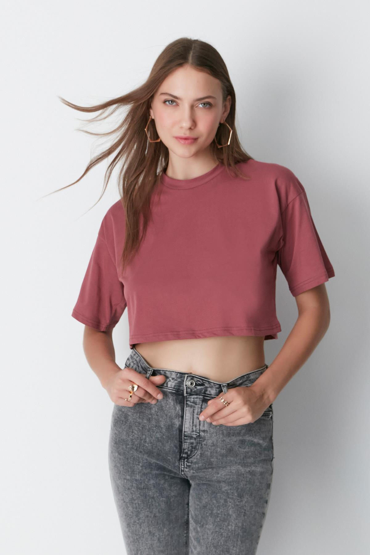 Bisiklet Yaka 2'li Crop T-Shirt 959 Çağla/Gül Kurusu