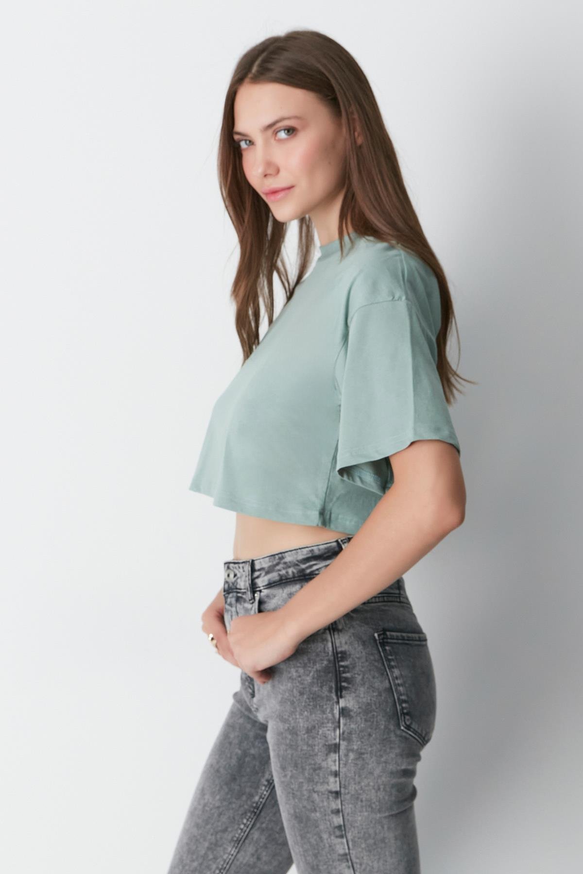 Bisiklet Yaka 2'li Crop T-Shirt 959 Çağla/Gül Kurusu