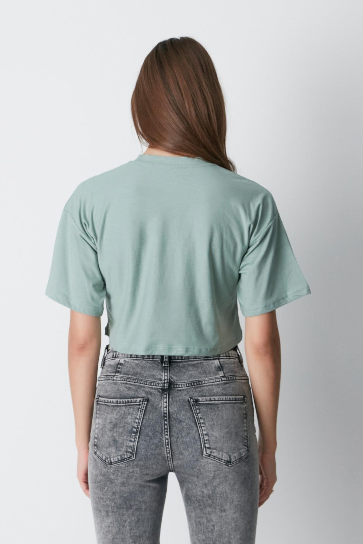 Bisiklet Yaka 2'li Crop T-Shirt 959 Çağla/Gül Kurusu