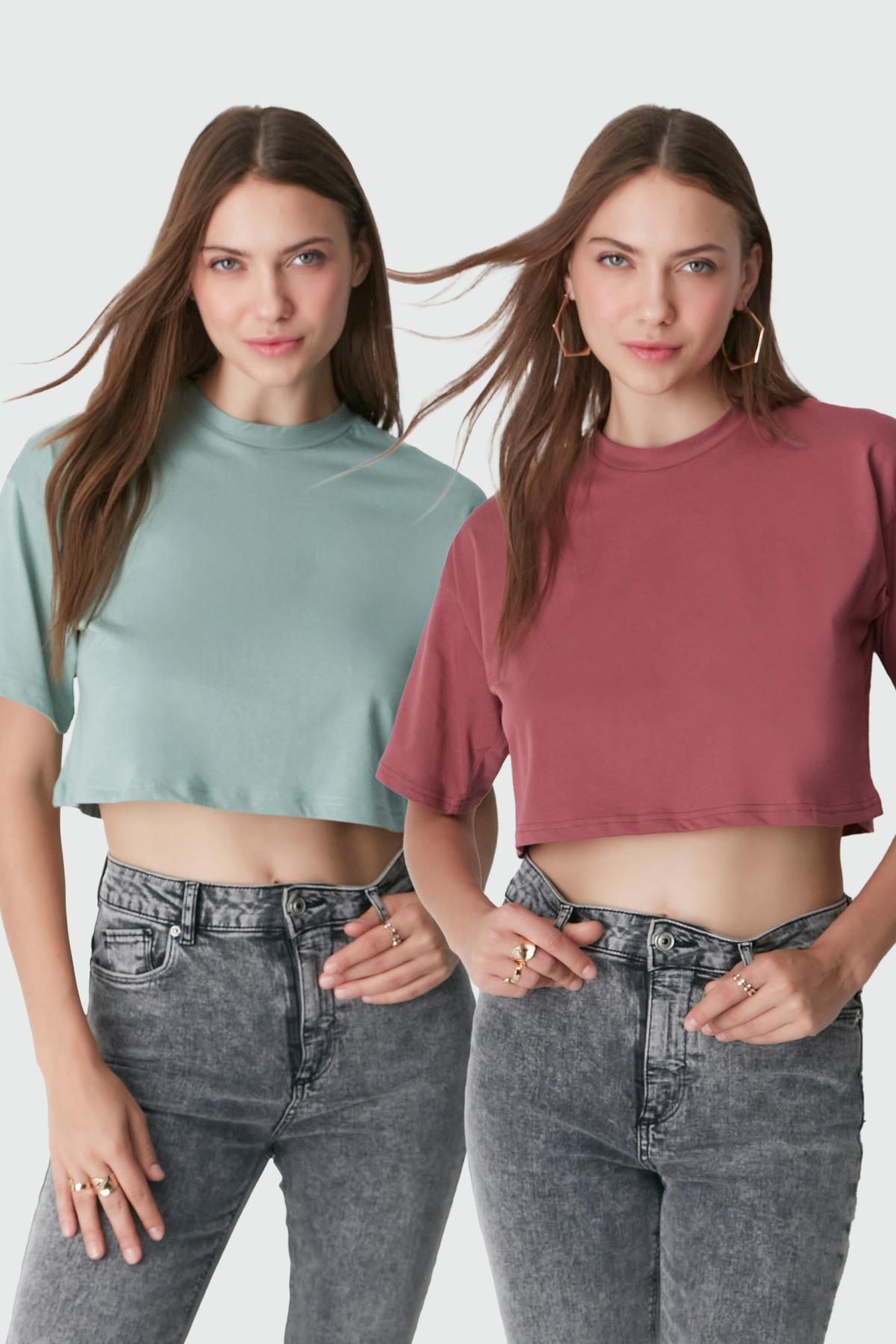 Bisiklet Yaka 2'li Crop T-Shirt 959 Çağla/Gül Kurusu