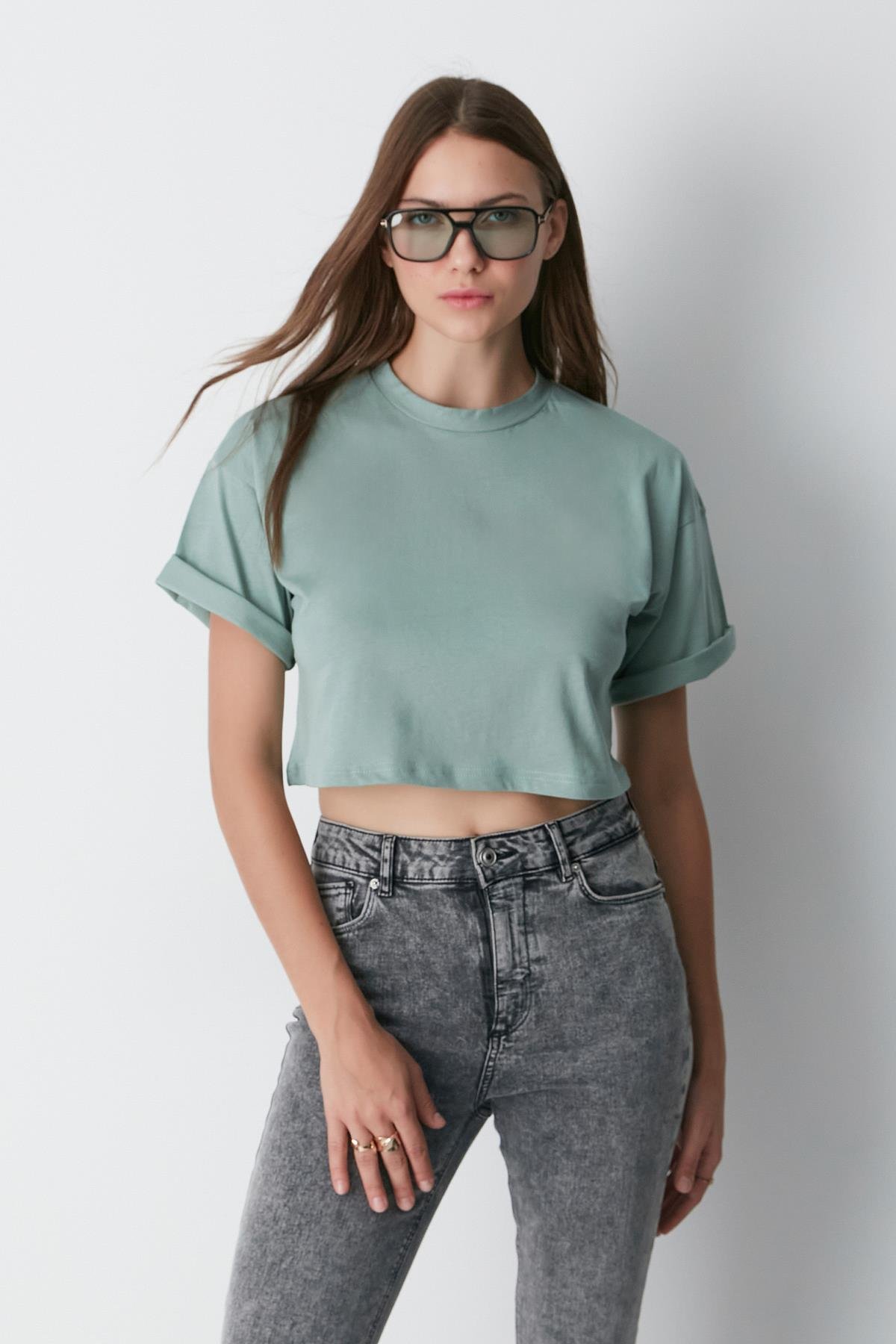 Bisiklet Yaka 2'li Crop T-Shirt 959 Çağla/Gül Kurusu