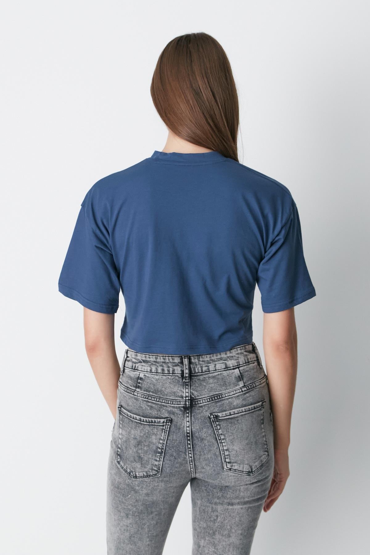 Bisiklet Yaka 2'li Crop T-Shirt 959 Kiremit/İndigo