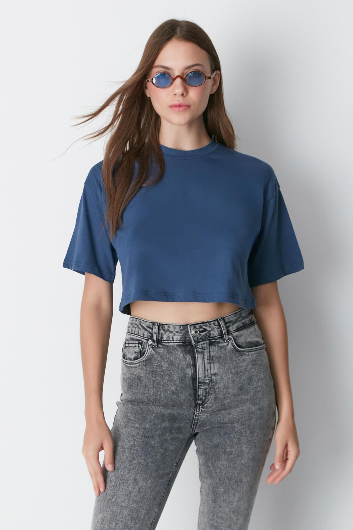 Bisiklet Yaka 2'li Crop T-Shirt 959 Kiremit/İndigo