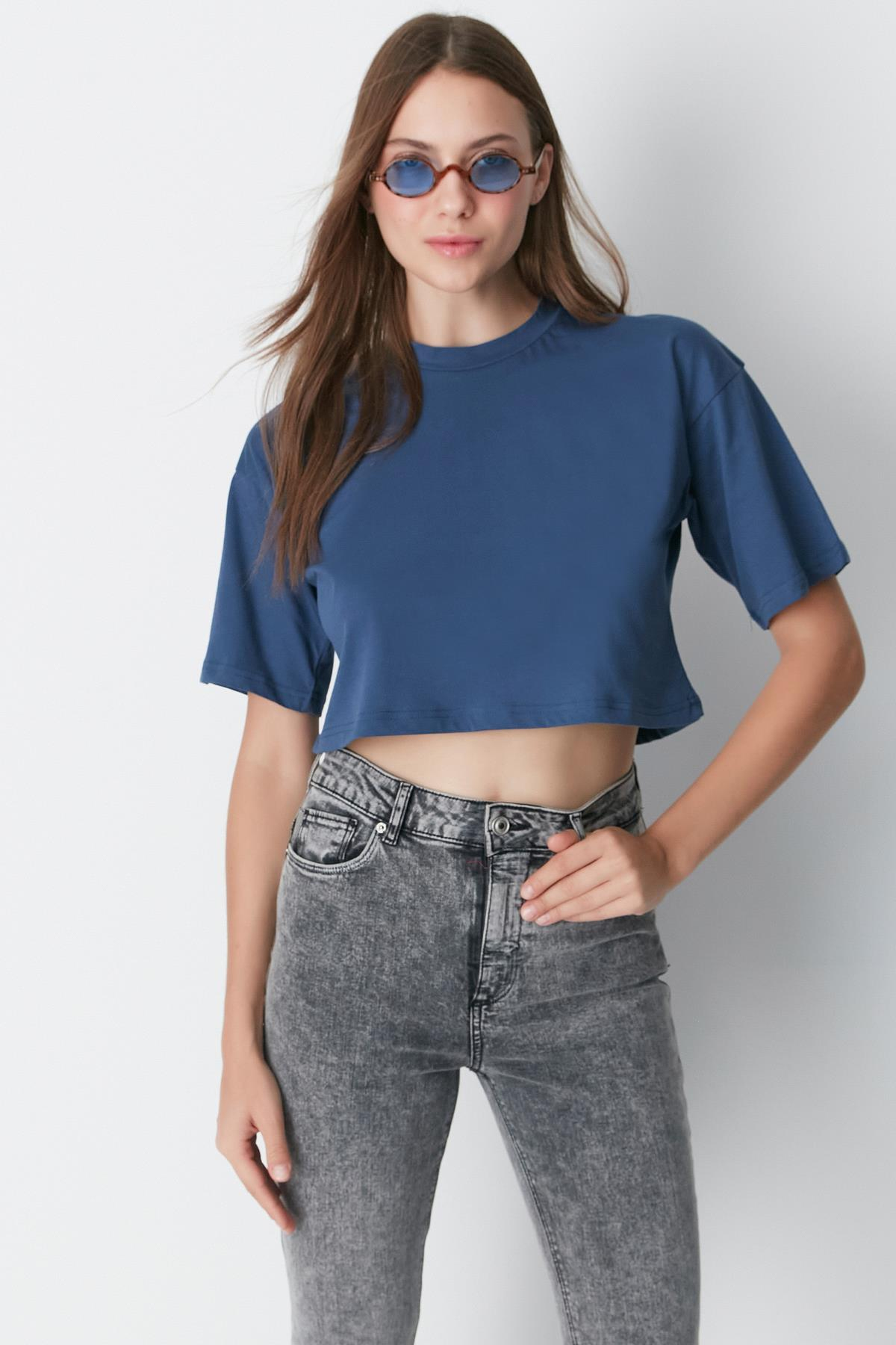 Bisiklet Yaka 2'li Crop T-Shirt 959 Kiremit/İndigo