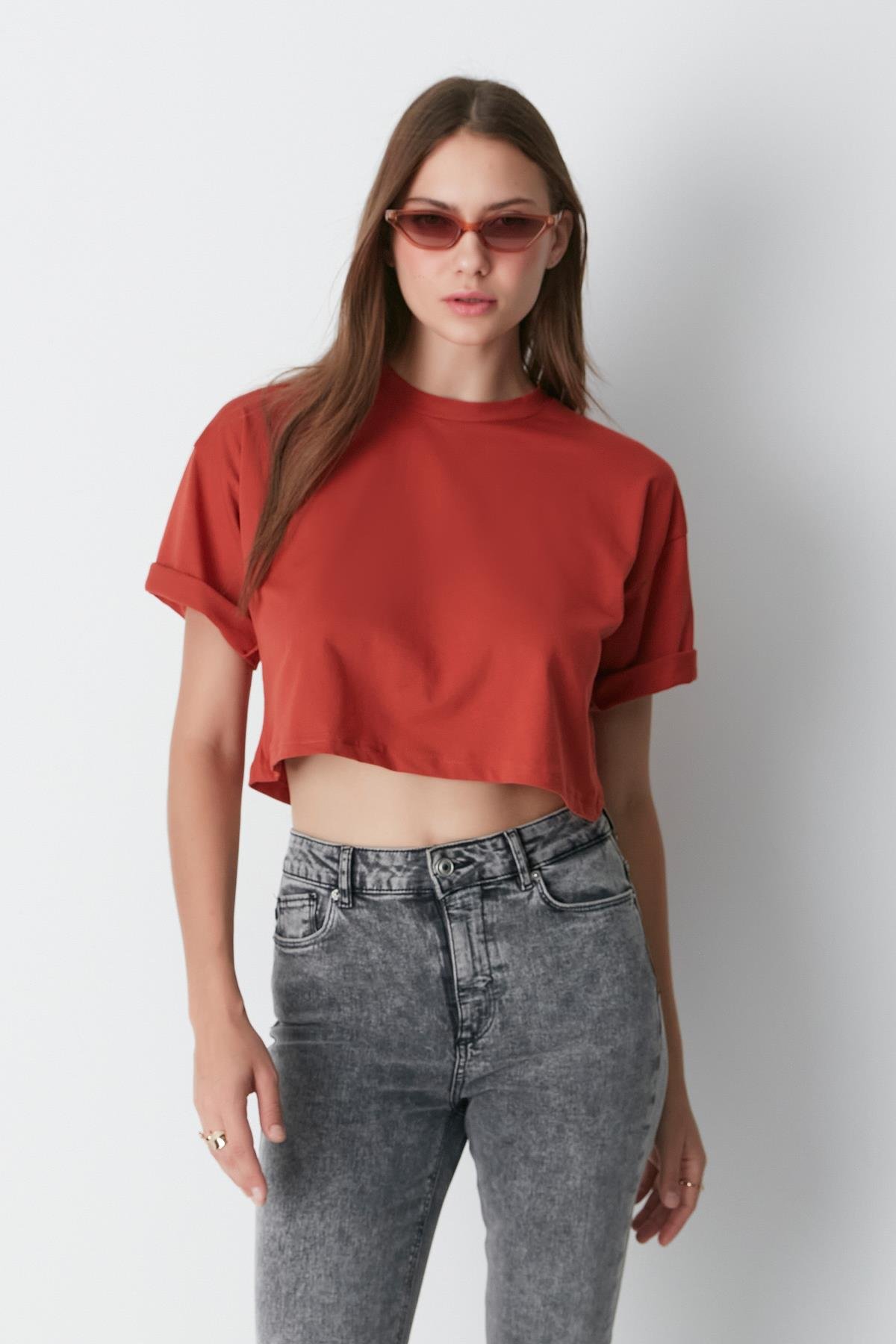 Bisiklet Yaka 2'li Crop T-Shirt 959 Kiremit/İndigo