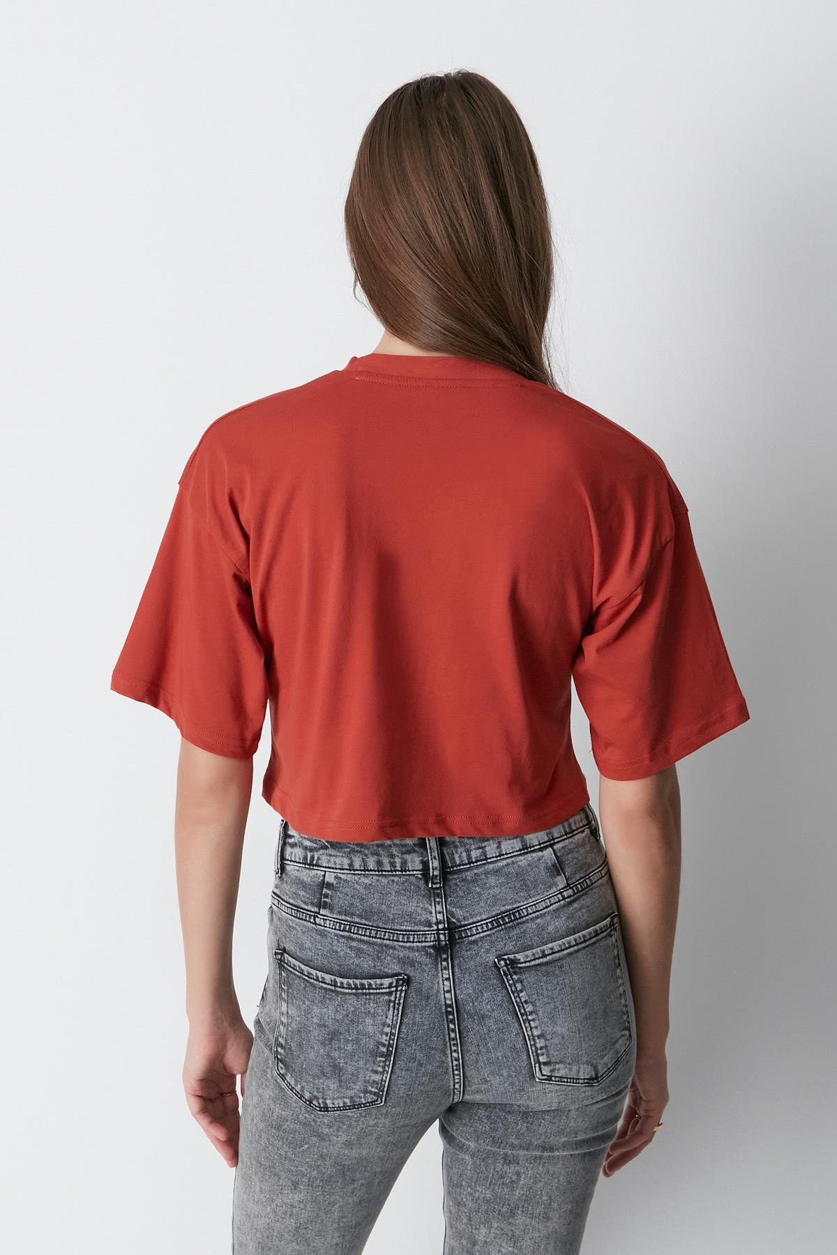 Bisiklet Yaka 2'li Crop T-Shirt 959 Kiremit/İndigo