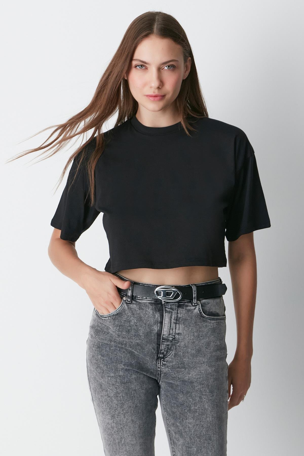 Bisiklet Yaka 2'li Crop T-Shirt 959 Siyah