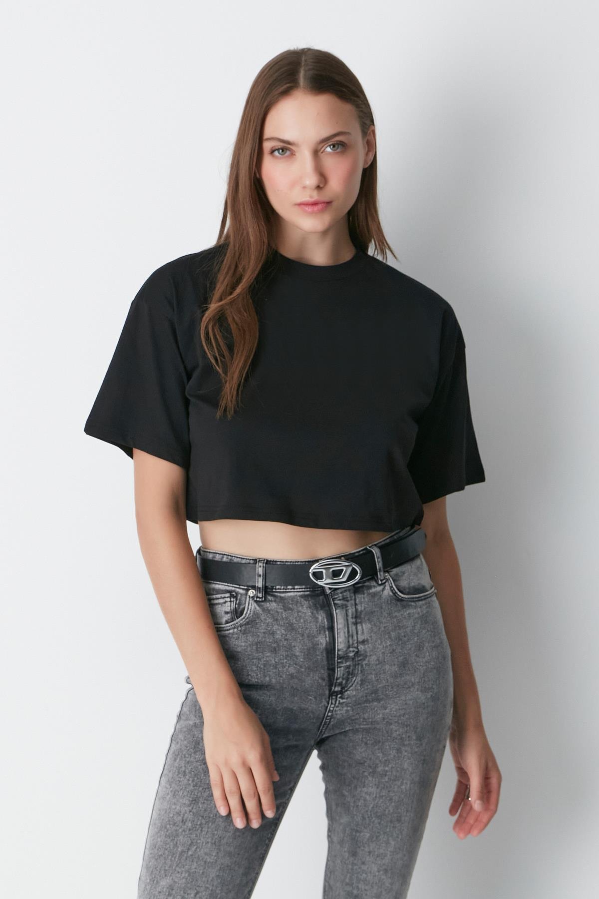 Bisiklet Yaka 2'li Crop T-Shirt 959 Siyah/Beyaz