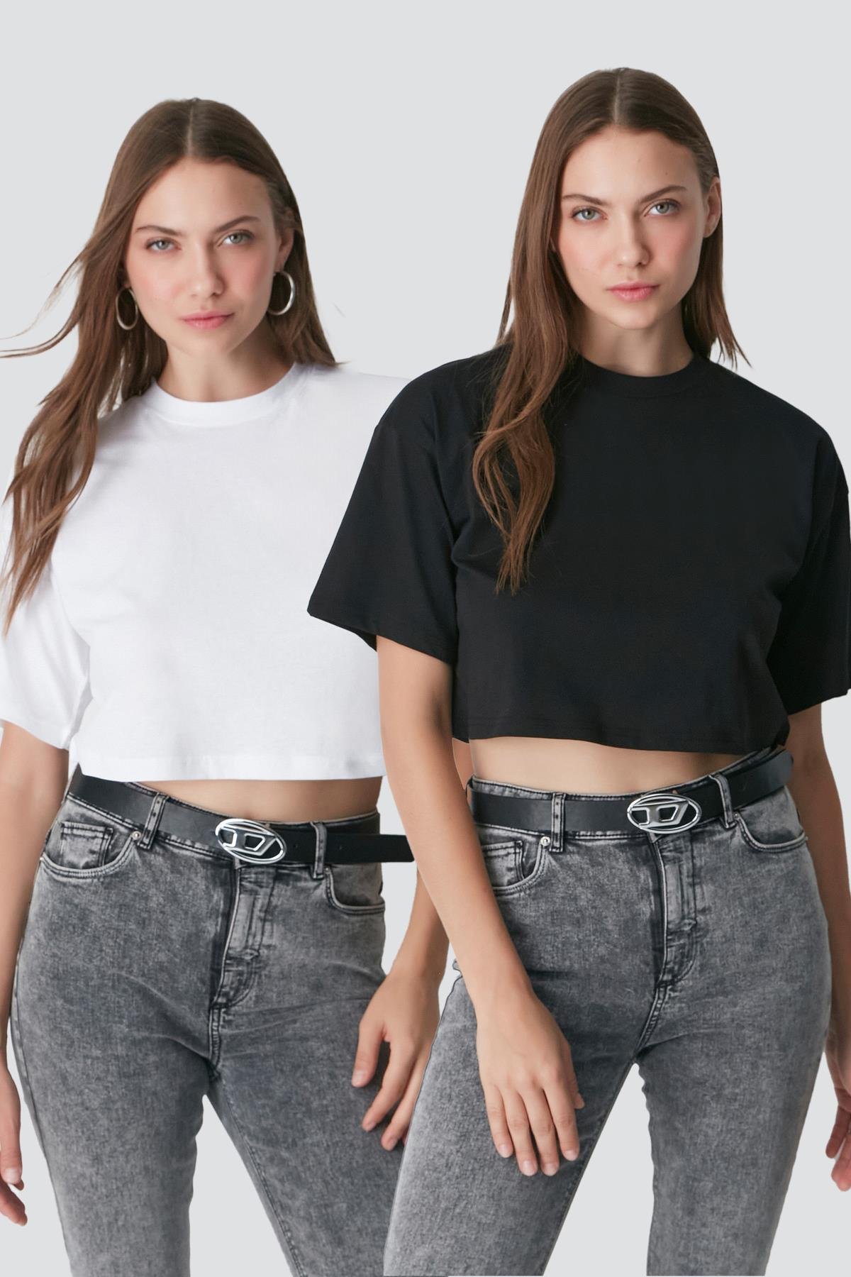 Bisiklet Yaka 2'li Crop T-Shirt 959 Siyah/Beyaz