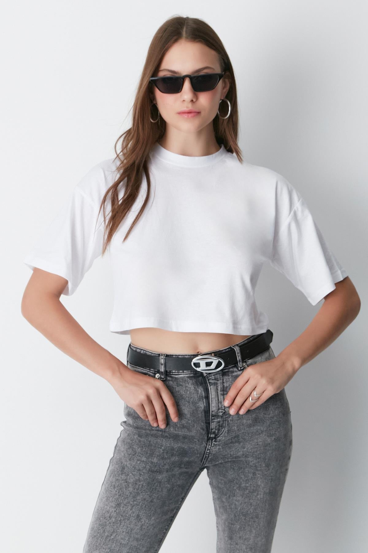 Bisiklet Yaka 2'li Crop T-Shirt 959 Siyah/Beyaz