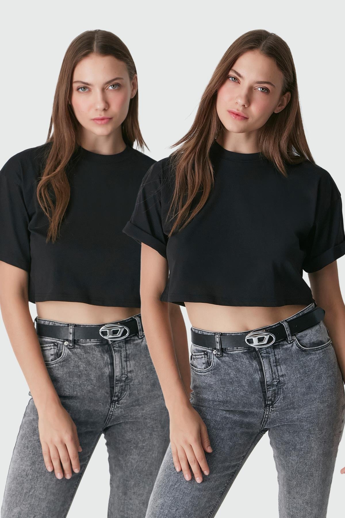 Bisiklet Yaka 2'li Crop T-Shirt 959 Siyah