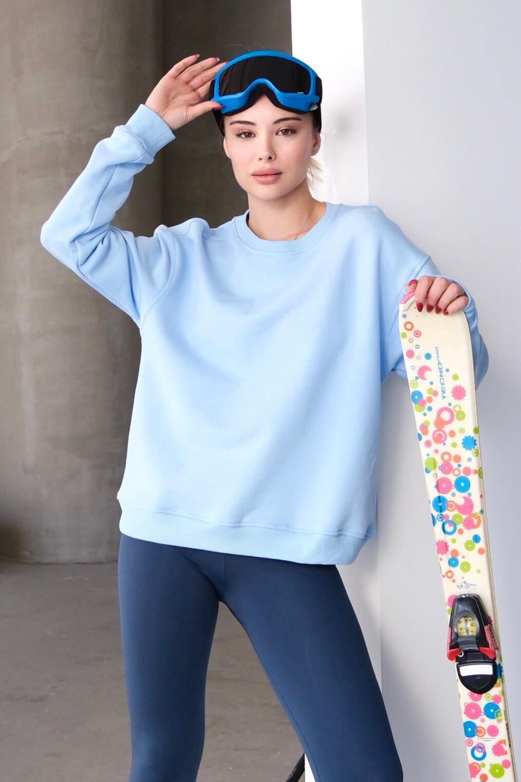 Bisiklet Yaka Basic Kalıp Kadın Sweatshirt Eşofman Üstü Aura Mavi