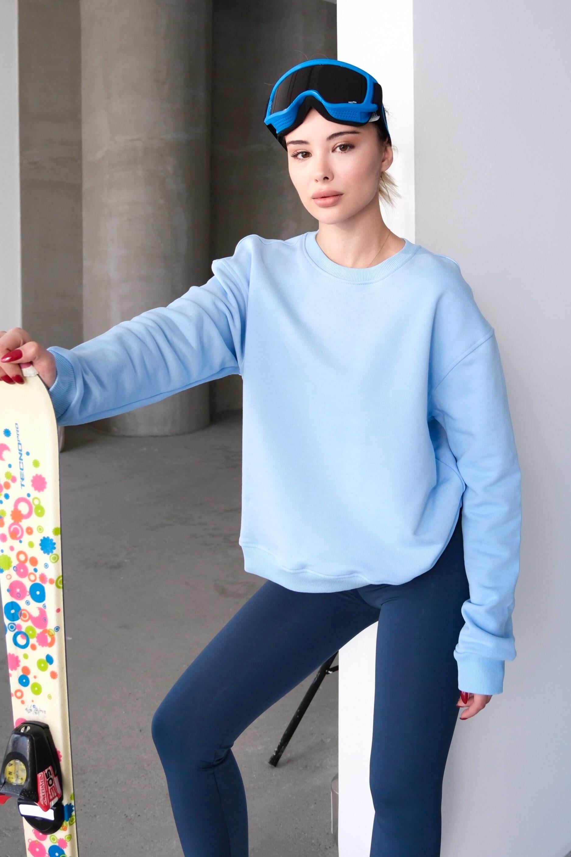 Bisiklet Yaka Basic Kalıp Kadın Sweatshirt Eşofman Üstü Aura Mavi